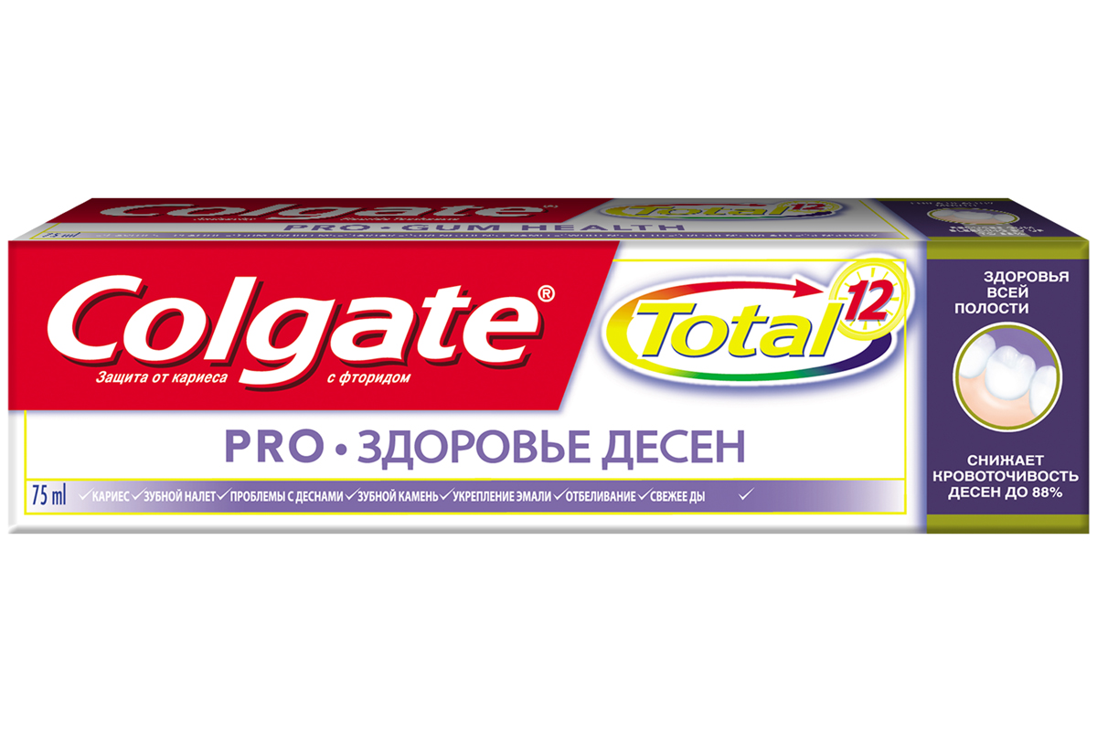 Colgate Зубная паста Total Pro-Здоровье десен, 75 млFCN89375 Colgate Зубная паста Total Pro-Здоровье десен, 75 млFCN89375Зубная паста Colgate Total Pro-Здоровье десен помогает предотвратить кровоточивость десен, воспаление десен, рецессию десен, кариес, образование зубного налета, образование зубного камня, а также укрепляет эмаль, освежает дыхание, возвращает естественную белизну. Уникальная формула пасты борется с вредоносными бактериями, вызывающими проблемы с деснами, снижая кровоточивость десен на 88%. Характеристики: Объем: 75 мл. Производитель: Китай. Товар сертифицирован.