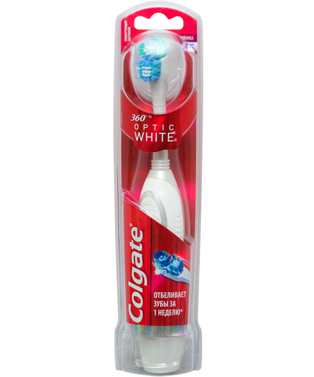Colgate Зубная щетка 360 Optic White, электрическая, средней жесткостиFCN10039 Colgate Зубная щетка 360 Optic White, электрическая, средней жесткостиFCN10039Colgate 360 Optic White - электрическая зубная щетка средней жесткости. Уникальное строение щетины обеспечивает всестороннюю чистку. Подушечка для чистки щек и языка обеспечивает свежее дыхание. Эффективное удаление зубного налета и бактерий. Эргономичная ручка не скользит в ладони, амортизирует давление руки на нежную поверхность десен. Зубная щетка работает от двух батареек типа ААА. Батарейки входят в комплект. Товар сертифицирован. Длина щетки: 20,5 см. Размер рабочей поверхности: 3 см х 1,5 см. Материал: пластик. Уважаемые клиенты! Товар поставляется в цветовом ассортименте. Отгрузка производится из имеющихся в наличии цветов.