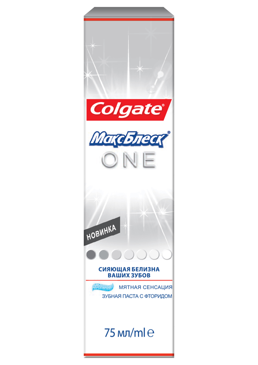 Зубная паста Colgate МаксБлеск. One, отбеливающая, 75 мл281482 Зубная паста Colgate МаксБлеск. One, отбеливающая, 75 мл281482Зубная паста Colgate МаксБлеск. One с микрокристаллами активаторами белизны, содержит компоненты, подобные тем, что используют стоматологи при отбеливании зубов. Зубы белее на 1 тон за 1 неделю. Характеристики: Объем: 75 мл. Производитель: Китай. Товар сертифицирован.