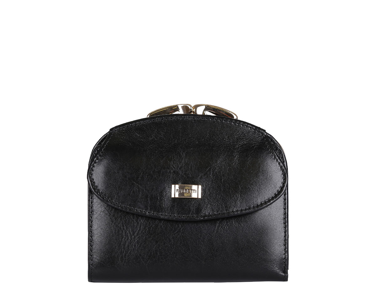 Кошелек женский Fabretti FA001-blackFA001-black Кошелек женский Fabretti FA001-blackFA001-blackУдобный и элегантный женский кошелек от итальянского бренда Fabretti выполнен из натуральной мягкой кожи. Роскошная фурнитура, выполненная в золоте, и классический черный цвет делают дизайн утонченным и изысканным. Внутри имеется одно вместительное отделение для купюр, а также 7 отделений для Ваших кредитных или дисконтных карточек. Вы сможете носить в кошелке свою любимую фотографию за счет удобного прозрачного отдела. На тыльной стороне расположен вместительный карман для мелочи. Он закрывается на изящный рамочный замок, который добавляет в дизайн стиль «ретро».