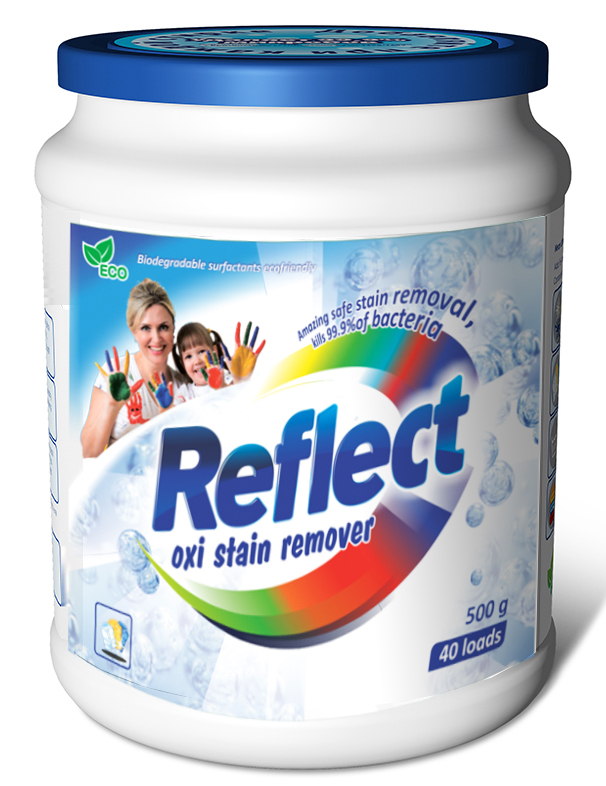 Кислородный пятновыводитель Reflect Oxi Stain Remover, 500 г15230 Кислородный пятновыводитель Reflect Oxi Stain Remover, 500 г15230Пятновыводитель и усилитель порошка на основе активного кислорода для стирки цветных и белых изделий из натуральных и смешанных волокон. Последние научные разработки. Взаимодействие активного кислорода с энзимами дает высокий результат по выведению глубоко въевшихся пятен с цветных и белых тканей. Рекомендован для усиления стирального порошка. Это супер концентрированная добавка к порошку, которая многократно увеличивает его действие, максимально удаляет пятна различного происхождения: жировые (оливковое и подсолнечное масло, жир), растительные (кофе, чай, вино), белковые (кровь, молоко, яйцо, соус).