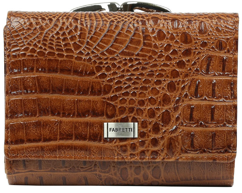 Кошелек женский Fabretti, цвет: коричневый. 4700947009-tan cocco Кошелек женский Fabretti, цвет: коричневый. 4700947009-tan coccoКошелек Fabretti выполнен из натуральной лаковой кожи с тиснением под рептилию. Изделие оформлено металлической пластинкой с названием бренда. Внутри расположено вместительное отделение для купюр, три горизонтальных кармана, пять вертикальных карманов для визитных и дисконтных карт, одно из которых с прозрачным окошком. Отделение закрывается клапаном на кнопку. Также внутри находится отделение, закрывающееся на кнопку, которое состоит из пяти карманов, одно из которых с пластиковым окошком. Кошелек имеет отдельный карман для мелочи, закрывающийся на рамочный замок.