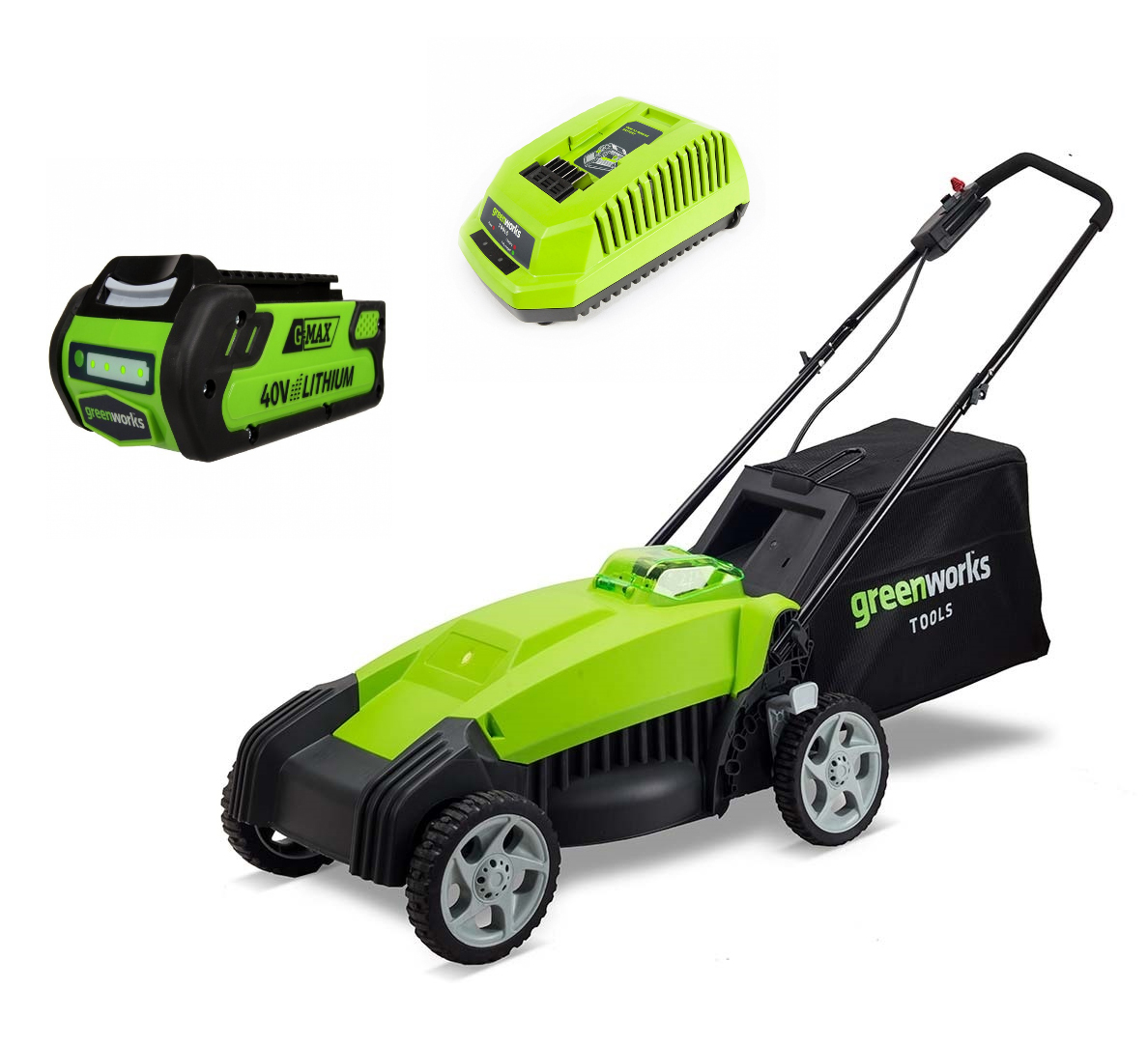 Газонокосилка GreenWorks 40В 35см 2Аh2500067а Газонокосилка GreenWorks 40В 35см 2Аh2500067аСверхмощная аккумуляторная система 40В G-MAX40 Состоит из: 40В 35см Газонокосилка арт. 2500067 1 шт; 40В аккумуляторная батарея 2 А/ч арт. 29717 1 шт; зарядное устройство арт. 29417 1 шт Работает с аккумуляторами Greenworks G-MAX40 (арт. 29717, 29727) и зарядным устройством G40C (арт. 29417). Гарантия 2 года