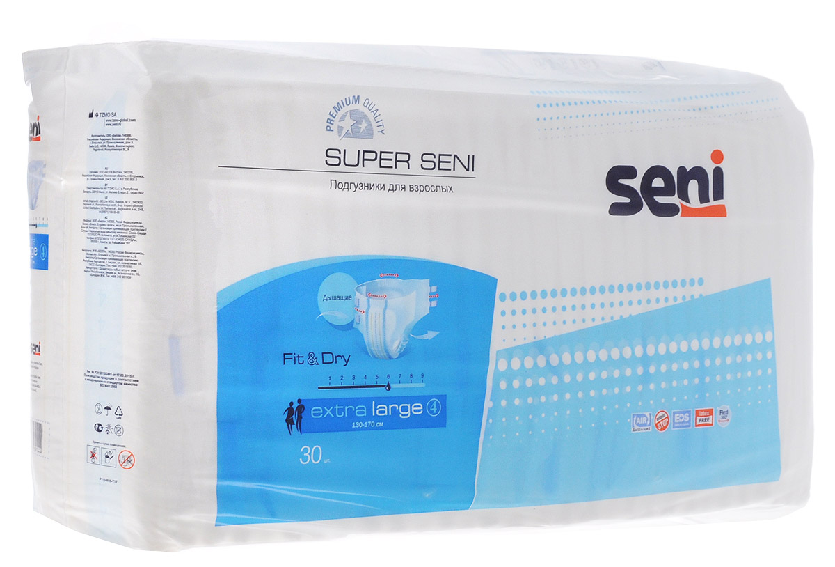 Seni Подгузники для взрослых Super Seni Extra Large 30 штSE-094-XL30-JA1 Seni Подгузники для взрослых Super Seni Extra Large 30 штSE-094-XL30-JA1Подгузники для взрослых Super Seni предназначены для людей, страдающих средней и тяжелой формами инконтиненции (недержания). Особенно удобны для малоподвижных и лежачих пациентов. Дышащий (паропроницаемый) внешний слой позволяет снизить риск возникновения раздражений и опрелостей. Эластичная резинка в поясе сзади и эластичные застежки-липучки гарантируют оптимальное прилегание к телу. Распределяющий слой EDS быстро и равномерно впитывает жидкость, что обеспечивает более полное ощущение сухости. Подгузники также содержат гидрофобные боковые внутренние бортики - это дополнительная защита от протекания. Мягкий нетканый материал на поверхности, двойной впитывающий слой с антибактериальным абсорбентом обеспечивают высокую впитываемость и нейтрализацию неприятного запаха. Могут использоваться как при недержании мочи, так и при недержании кала. Окружность подгузников по талии 130-170 см.