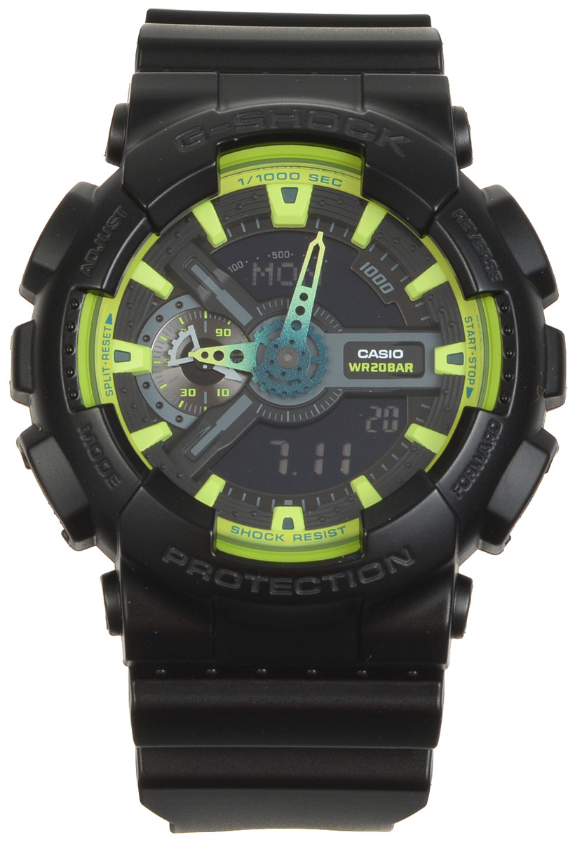 Часы наручные Casio G-Shock, цвет: черный, салатовый. GA-110LY-1AGA-110LY-1A Часы наручные Casio G-Shock, цвет: черный, салатовый. GA-110LY-1AGA-110LY-1AМногофункциональные часы Casio G-Shock, выполнены из минерального стекла и полимерного материала. Часы оформлены символикой бренда. Часы имеют степень влагозащиты равную 20 BAR. Браслет часов оснащен застежкой-пряжкой, которая позволит с легкостью снимать и надевать изделие. Корпус часов оснащен светодиодной подсветкой. Дополнительные функции: таймер, будильник, секундомер, функция мирового времени, автоматический календарь, отображение скорости, отображение времени в формате 12/24. Часы поставляются в фирменной упаковке. Многофункциональные часы Casio G-Shock станут незаменимым аксессуаром для активного человека.