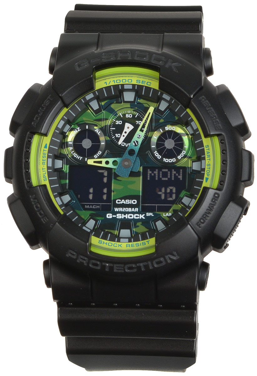 Часы наручные Casio G-Shock, цвет: черный, салатовый. GA-100LY-1AGA-100LY-1A Часы наручные Casio G-Shock, цвет: черный, салатовый. GA-100LY-1AGA-100LY-1AМногофункциональные часы Casio G-Shock, выполнены из минерального стекла и полимерного материала. Часы оформлены символикой бренда. Часы имеют степень влагозащиты равную 20 BAR. Браслет часов оснащен застежкой-пряжкой, которая позволит с легкостью снимать и надевать изделие. Корпус часов оснащен светодиодной подсветкой. Дополнительные функции: таймер, будильник, секундомер, функция мирового времени, автоматический календарь. Часы поставляются в фирменной упаковке. Многофункциональные часы Casio G-Shock станут незаменимым аксессуаром для активного человека.
