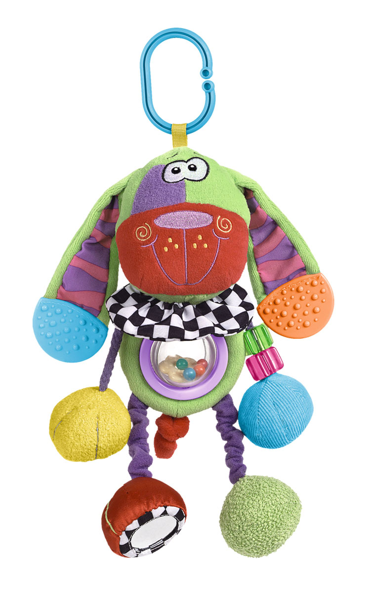 Playgro Игрушка-подвеска Верный друг0101300 Playgro Игрушка-подвеска Верный друг0101300Игрушка-подвеска Верный друг - это яркая забавная игрушка для малышей, из материалов разной фактуры. В центре собачки погремушка в виде вращающегося прозрачного шарика с маленькими разноцветными шариками внутри. Ушки и воротничок содержат шуршащие вставки.В одной из лапок спрятана пищалка. На ножке маленькое безопасное зеркальце. Ножки и хвостик тянутся резиночки. С помощью кольца игрушка легко крепится на любую коляску, кроватку или к дугам коврика. Способствует развитию моторики, сенсорного восприятия, тактильных ощущений.