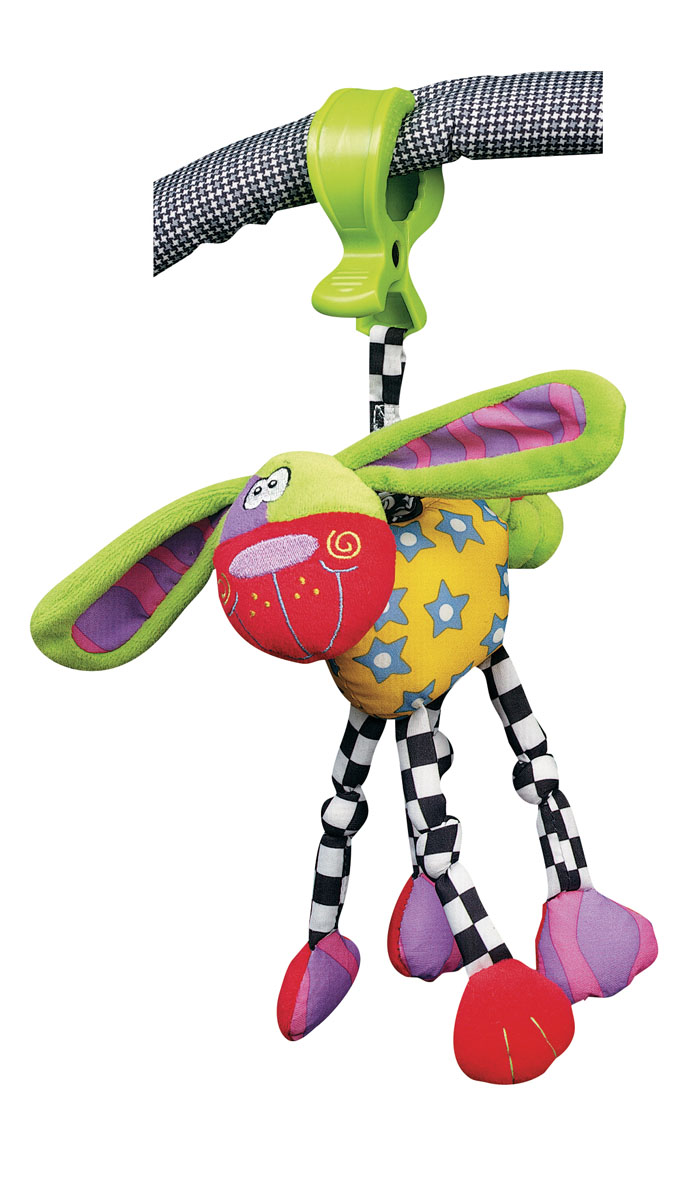 Playgro Игрушка-подвеска Собака0111840 Playgro Игрушка-подвеска Собака0111840Игрушка изготовлена из яркой, приятной на ощупь ткани, со вставками разных по фактуре материалов. Если потянуть игрушку вниз, то она вернется в исходное положение с вибрирующим звуком.Внутри подвески находится погремушка, в лапы вшиты шуршащие вставки. С помощью удобной клипсы подвеску можно крепить к коляске, кроватке или дугам коврика.