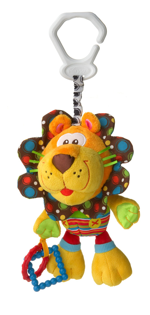 Playgro Игрушка-подвеска Лев0181513 Playgro Игрушка-подвеска Лев0181513Львенок из мягкой, приятной на ощупь ткани, со вставками из различных по фактуре материалов сочетает в себе множество игровых элементов, развивая навыки, необходимые маленькому в повседневной жизни. Мягкий львенок учит зрительно-моторной координации, стимулирует осязательное и сенсорное восприятие. Благодаря специальному шарику внутри головы, игрушка рычит как настоящий лев. Грива из шуршащей ткани и яркие пластиковые колечки придутся по душе любому малышу. Игрушку можно брать с собой на прогулку - удобное крепление поможет надежно зафиксировать её на коляске.