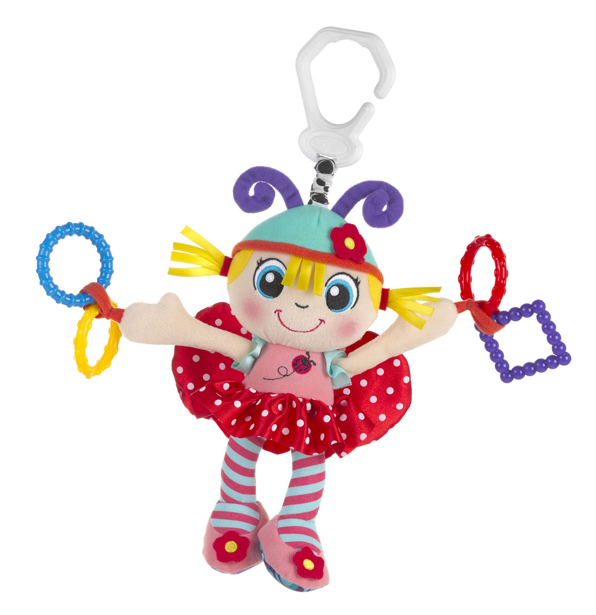 Playgro Игрушка-подвеска Девочка-божья коровка0183685 Playgro Игрушка-подвеска Девочка-божья коровка0183685Яркая подвеска изготовлена из материалов разной фактуры. В ручках девочки закреплены прорезыватели по 2 с каждой стороны, на спине - шуршащие крылышки. Удобное крепление в виде кольца дает возможность использовать подвеску на дугах коврика, в кроватке, переноске и коляске. Игрушка способствует развитию визуального восприятия, мелкой моторики, зрения.