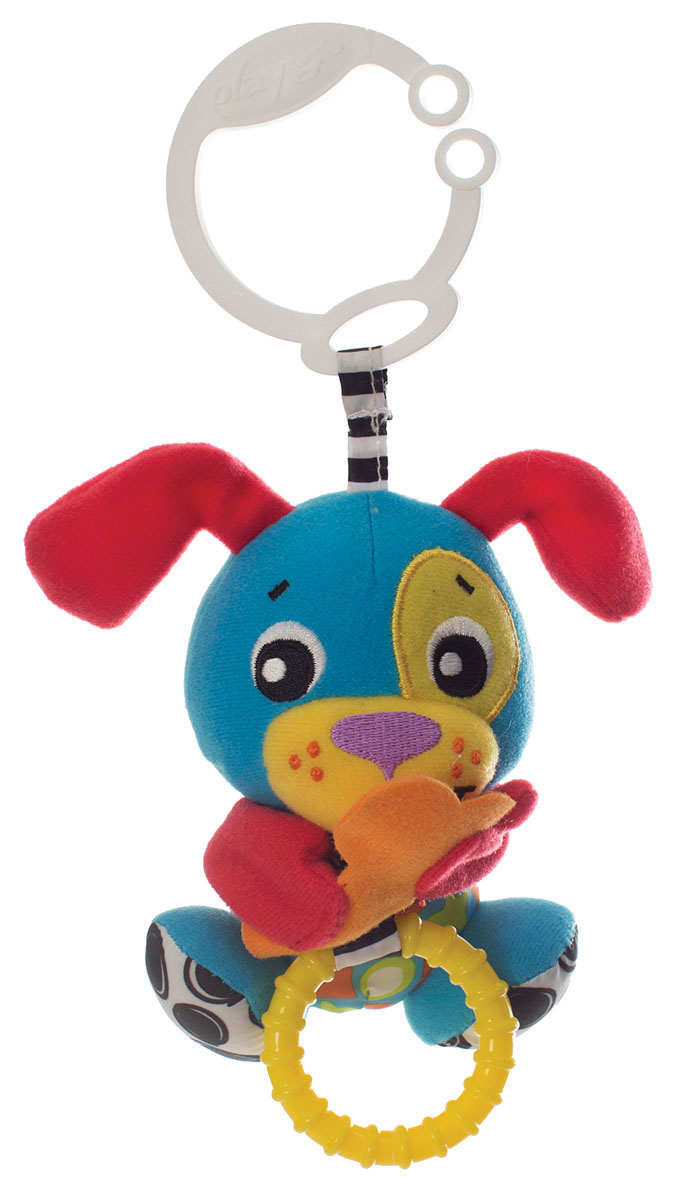 Playgro Игрушка-подвеска Щенок0185471 Playgro Игрушка-подвеска Щенок0185471Яркая подвеска со вставками из разных по фактуре материалов. С помощью крепления в виде кольца игрушку можно надежно зафиксировать на коляске, тогда во время прогулки малыш не уронит и не потеряет ее. Как только кроха отнимет косточку у щенка, потянув за кольцо, она вернется в исходное положение с вибрирующим эффектом. Игрушка способствует развитию моторики, тактильных ощущений, причинно-следственных связей.
