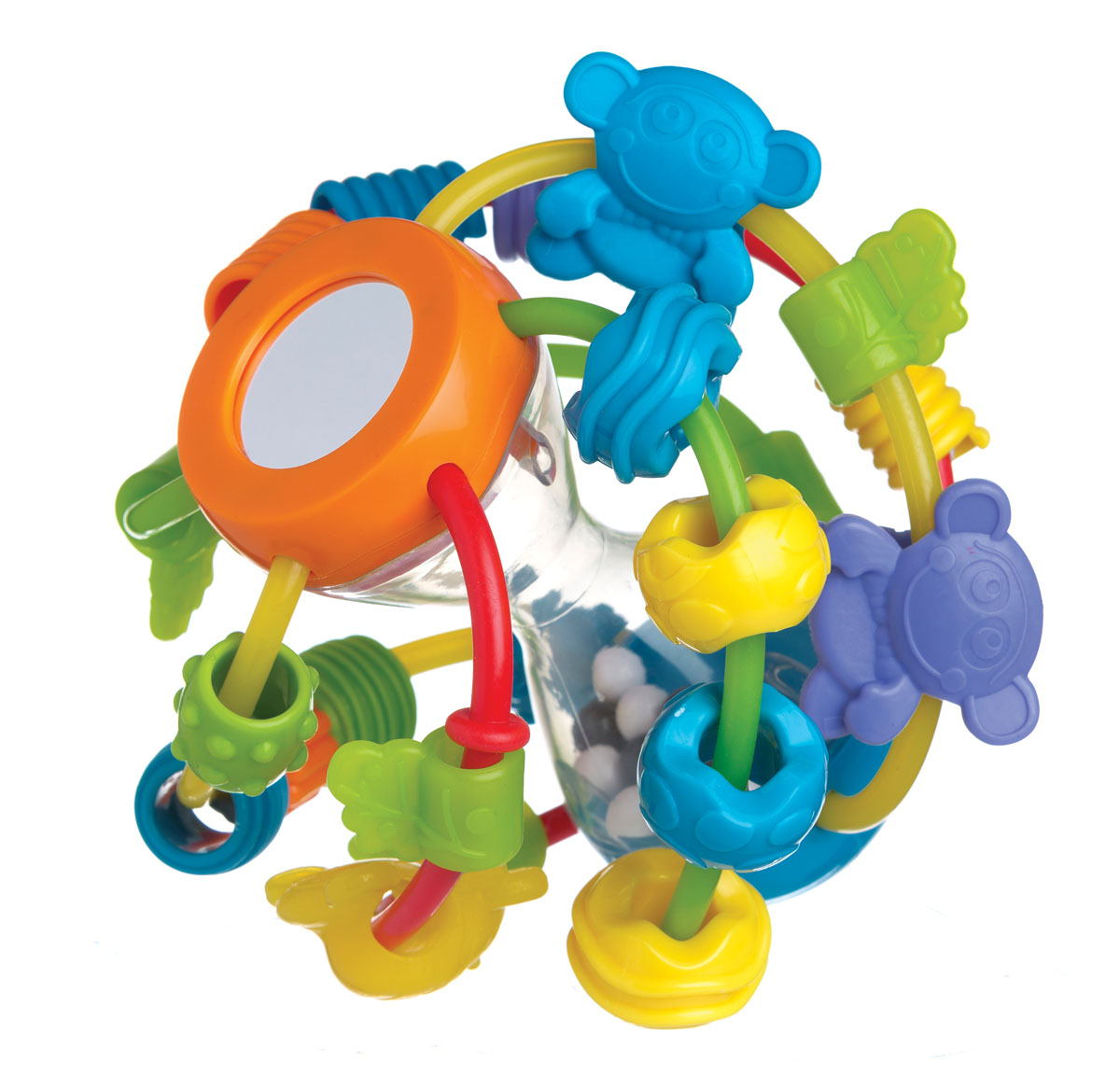 Playgro Развивающая игрушка Шар4082679 Playgro Развивающая игрушка Шар4082679Шар имеет прозрачное основание в виде песочных часов, по которому с веселым треском перекатываются черно-белые шарики. На пластиковые прутики, тянущиеся от верхней части основания к нижней, нанизано множество бусинок разных цветов и форм. Прутики изготовлены из мягкого пластика, при нажатии они прогибаются. Такую игрушку малышу легче взять в ручки, теребить, перекладывать.