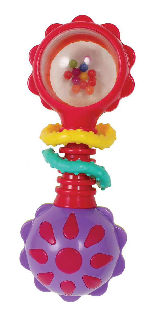 Playgro Игрушка-погремушка 41841834184183 Playgro Игрушка-погремушка 41841834184183Погремушка с прорезывателем предназначена для маленьких детей, у которых режутся зубки. Яркие цвета привлекают внимание малыша. Если потрясти погремушку, то в прозрачном шарике будут перекатываться цветные бусины. Шарик, расположенный внизу, раскрашен в разные цвета, поэтому при вращении раздается забавный щелкающий звук, происходит и игра цвета.