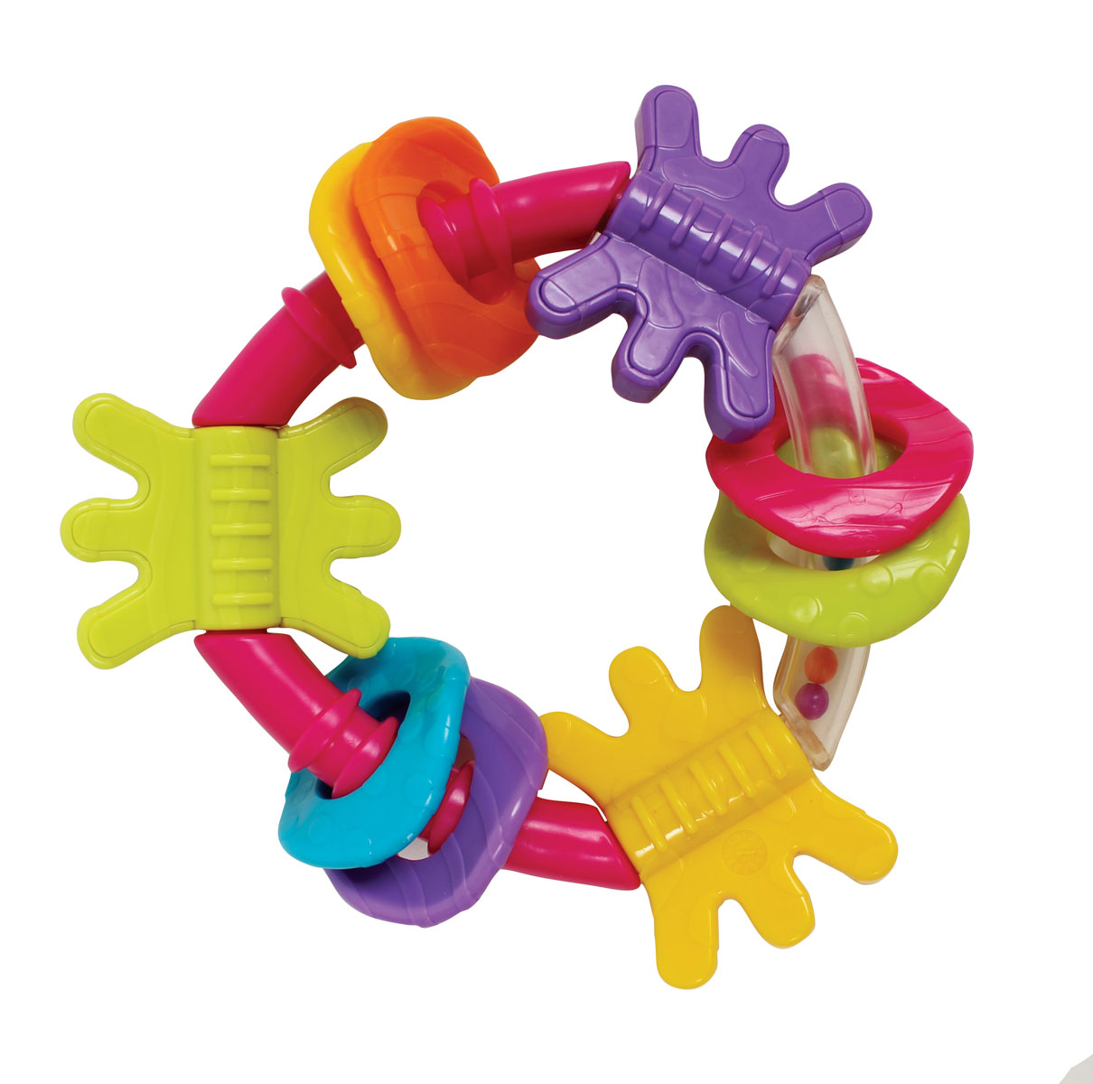 Playgro Игрушка-погремушка 41842064184206 Playgro Игрушка-погремушка 41842064184206Треугольная погремушка с закругленными углами. Основание выполнено из пластика с разноцветными шариками внутри - они начинают перекатываться и греметь, как только малыш берет погремушку в руки. Также на ней расположены 9 разноцветных прорезывателей, которые можно передвигать и вращать.
