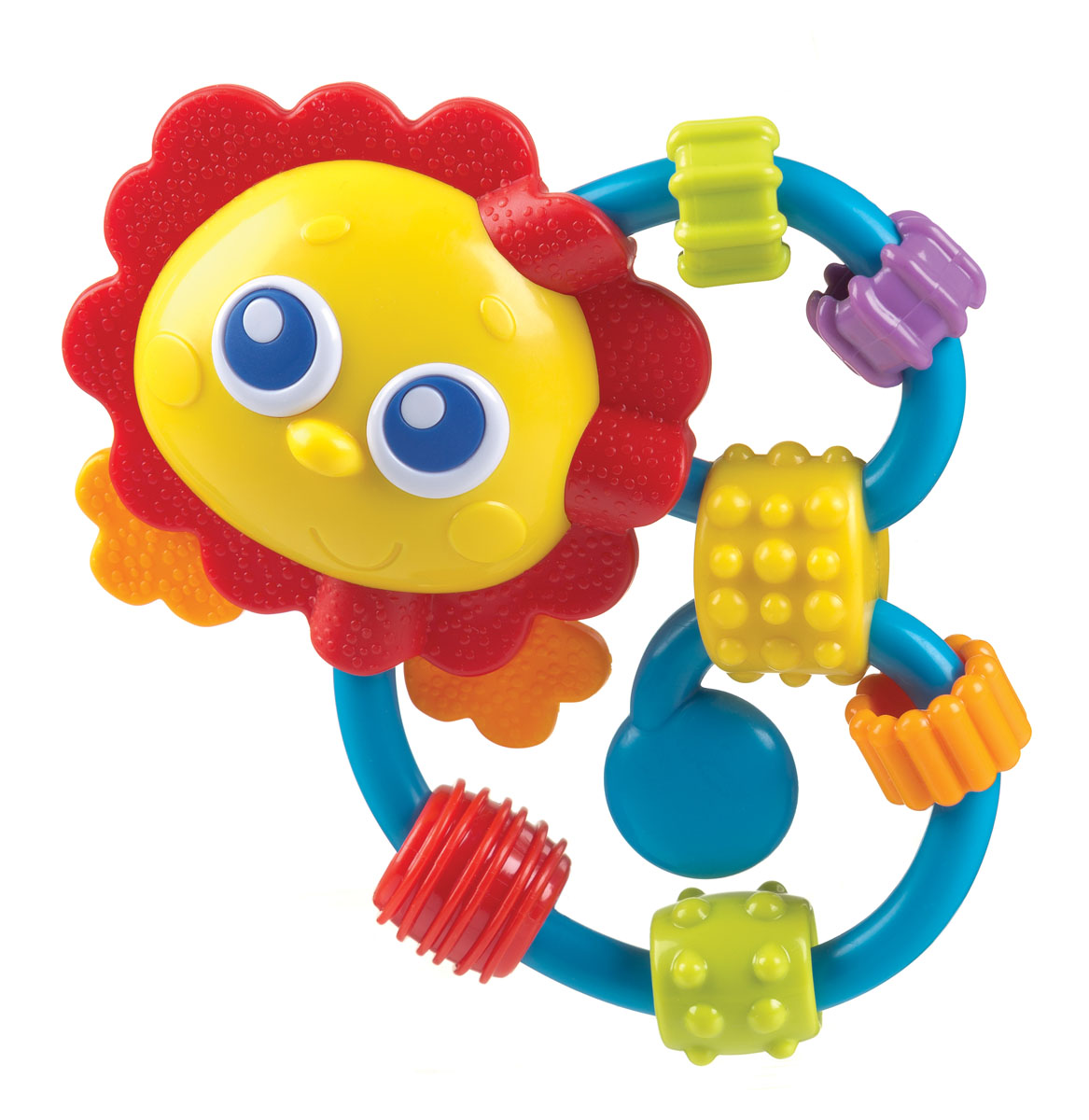 Playgro Игрушка-погремушка 0182514182514 Playgro Игрушка-погремушка 0182514182514Грива льва и лапки изготовлены из мягкого рифленого пластика. На кольца нанизано 6 бусин с рифленой поверхностью, они отличаются между собой по форме цвету и протектору. Перемещая их по колечкам, малыш быстро освоит навыки мелкой моторики, разовьет тактильные ощущения.