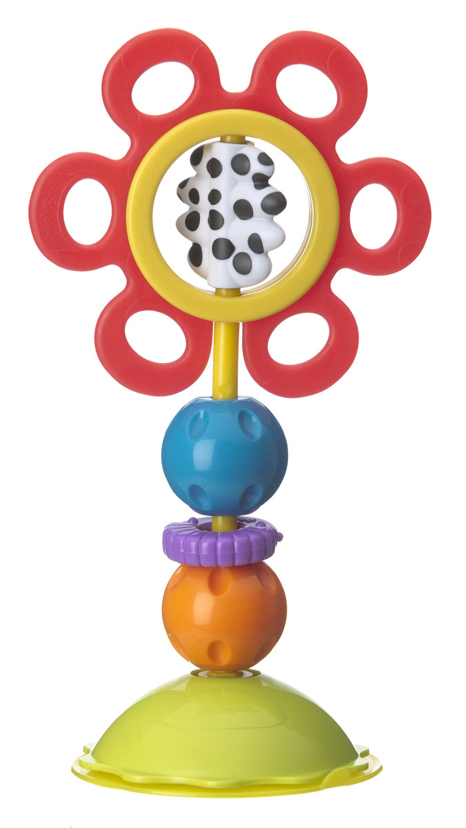 Playgro Игрушка-погремушка на присоске 01841820184182 Playgro Игрушка-погремушка на присоске 01841820184182Игрушка легко и надежно крепится к ровной гладкой поверхности. Красный цветок вращается при малейшем прикосновении, изготовлен из мягкого пластика, в период прорезывания зубов малыши с радостью будут грызть его лепестки. Сердцевина выполнена из контрастных черно-белых цветов, представляет собой отдельный элемент, который тоже можно вращать. Разноцветные шарики можно вращать, при этом они издают веселые щелкающие звуки. Фиолетовое кольцо с рифленой поверхностью легко крутится вокруг основания. Игрушка способствует развитию тактильных ощущений, визуального и слухового восприятия, моторики, когнитивных навыков.