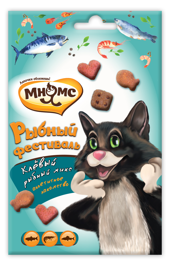 Лакомство для кошек Мнямс Рыбный фестиваль, лосось, креветки, форель, 50 г702518 Лакомство для кошек Мнямс Рыбный фестиваль, лосось, креветки, форель, 50 г702518Рыбный фестиваль. Клёвый рыбный микс. Аппетитное лакомство для кошек. Буйство красок, ароматов и вкусов солнечной средиземноморской кухни на рыбном фестивале Мнямс. Устройте вашему любимцу настоящее торжество и побалуйте вкуснейшими рыбными деликатесами! Анализ компонентов: Белок - 30,0%, Жир - 18,0%, Клетчатка - 2,5%, Зола - 6,0%. Злаки, мясо и продукты животного происхождения, масла и жиры, экстракты растительного белка, производные растительного происхождения, рыба и рыбные продукты (форель 4%, лосось 4%), дрожжи, моллюски и ракообразные (креветки 4%), минералы. Добавки: Пищевые добавки/кг: витамин A 12 000 МЕ, витамин D3 840 МЕ, витамин E 120 мг. Технологические добавки: антиоксиданты.