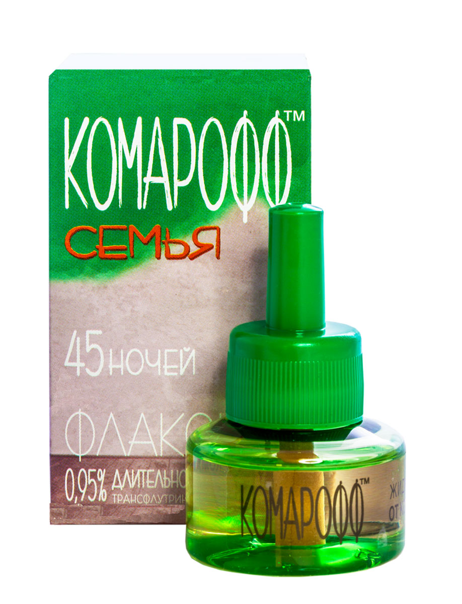 Жидкость от насекомых Комарофф Семья, сменный флакон, 45 ночей, 30 млOF01080121 Жидкость от насекомых Комарофф Семья, сменный флакон, 45 ночей, 30 млOF01080121Жидкость Комарофф Семья незаменима для уничтожения комаров и других летающих насекомых (москитов, мошек) в помещении. Специально разработанная рецептура, без запаха, гарантирует безопасность и эффективность использования. Один флакон жидкости обеспечивает надежную защиту от комаров на протяжении 45 ночей даже при открытых окнах! Состав: 0,15% трансфлутрин, 0,8% праллетрин, растворитель, стабилизатор. Товар сертифицирован.