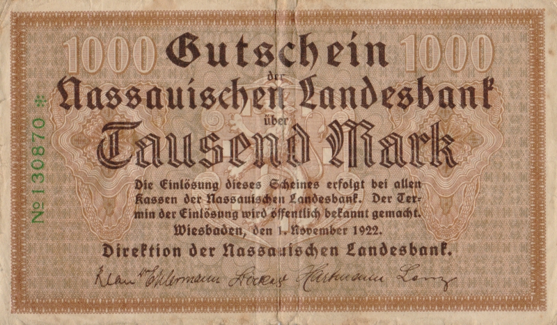 Банкнота-нотгельд номиналом 1000 марок. Германия. Висбаден. 1922 год791504 Банкнота-нотгельд номиналом 1000 марок. Германия. Висбаден. 1922 год791504Серия и номер банкноты могут отличаться от изображения.