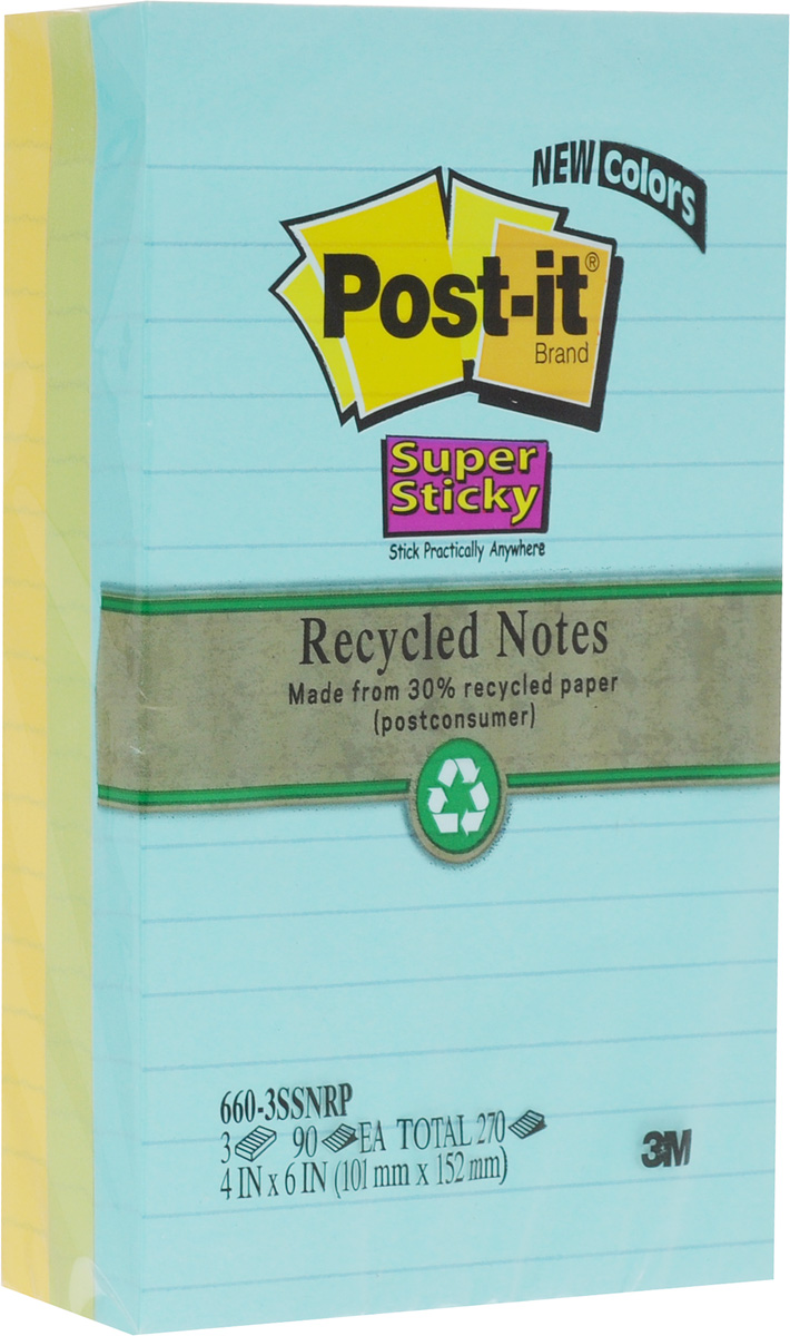 Post-it Набор бумаги для заметок с липким слоем 3 блока цвет желтый зеленый голубой660-3SSNRP Post-it Набор бумаги для заметок с липким слоем 3 блока цвет желтый зеленый голубой660-3SSNRPНабор бумаги для заметок Post-it - эффективный офисный инструмент, позволяющий рационально организовать работу, используя разнообразные цвета для обозначения дел разной важности. Клеевой слой не высыхает и выдерживает многократное приклеивание к большинству поверхностей. Не нужно беспокоиться, что бумага быстро закончится - в наборе 3 блока по 90 листов. Листы выполнены из бумаги в линейку трех цветов - голубого, зеленого, желтого.