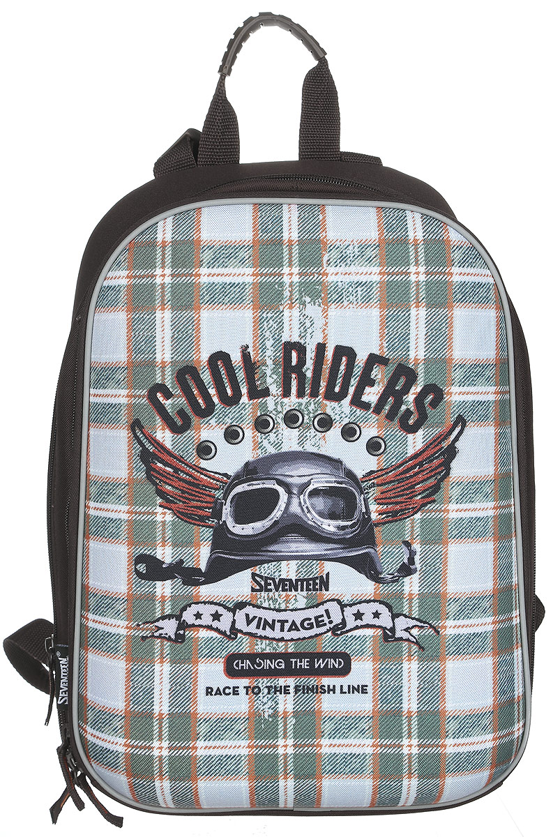 Seventeen Ранец школьный Cool RidersSKDB-UT4-755 Seventeen Ранец школьный Cool RidersSKDB-UT4-755Школьный ранец Seventeen Cool Riders имеет жесткий каркас и архитектуру спинки со стабилизирующими и поддерживающими набивными элементами, повторяющими естественный изгиб позвоночника. Ранец имеет два отделения на застежках-молниях с двумя бегунками. Внутри наибольшего отделения располагается секция для планшета и открытый карман; внутри второго отделения - открытый карман и карман для мобильного телефона, а также сетчатый карман. Профилактическая спинка выполнена в виде накладок анатомической формы из нескольких слоев вспененных синтетических материалов, обтянутых воздухообменной сеткой. Дно жесткое, с пластиковыми ножками. Лямки анатомической формы регулируются по длине. Светоотражающие элементы, расположенные по всем сторонам ранца, гарантируют видимость во дворе и на улице в темное время суток. Ранец оснащен удобной ручкой для переноски. Многофункциональный школьный ранец станет незаменимым спутником вашего ребенка в походах за знаниями.