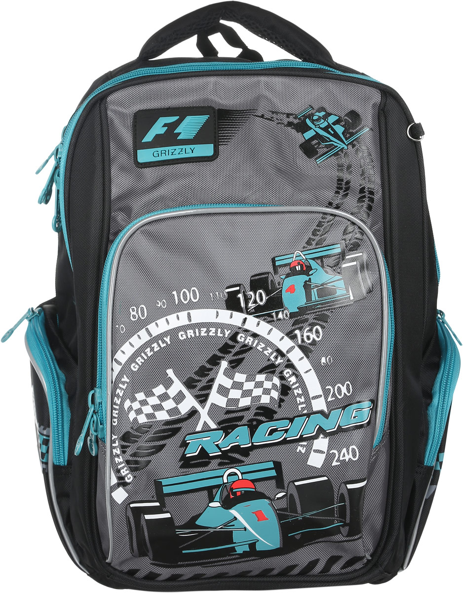 Grizzly Рюкзак детский Racing цвет черный бирюзовыйRB-630-1/2 Grizzly Рюкзак детский Racing цвет черный бирюзовыйRB-630-1/2Детский рюкзак Grizzly Racing сочетает в себе современный дизайн, функциональность и долговечность. Рюкзак выполнен из плотного материала и оформлен оригинальным изображением. Рюкзак имеет два основных отделения на застежках-молниях с двумя бегунками. Отделения никаких карманов не содержат. На лицевой стороне рюкзака располагается накладной карман на молнии, внутри которого находится открытый карман-сетка. По бокам рюкзака расположены два кармана на застежках-молниях. Рюкзак оснащен петлей для подвешивания и удобной текстильной ручкой для переноски в руке. Широкие регулируемые лямки и сетчатые мягкие вставки на спинке рюкзака предохранят мышцы спины ребенка от перенапряжения при длительном ношении. Светоотражающие вставки существенно повышают безопасность ребенка на дороге. Этот рюкзак можно использовать для повседневных прогулок, учебы, отдыха и спорта, а также как элемент вашего имиджа. Рекомендуемый возраст: от 11 лет.