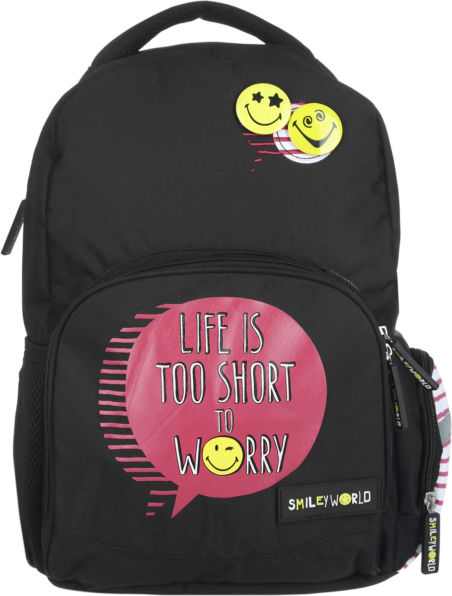 Proff Рюкзак детский Life is Too Short to WorrySG16-BP-20-01 Proff Рюкзак детский Life is Too Short to WorrySG16-BP-20-01Детский рюкзак Proff Life is Too Short to Worry - это красивый и удобный рюкзак, который подойдет всем, кто хочет разнообразить свои школьные будни. Внешние поверхности рюкзака, подкладка выполнены из полиэстера, уплотнители - из поролона, элементы отделки - из пластика, металла, ПВХ. На лицевой стороне рюкзак декорирован двумя значками в виде смайликов. Рюкзак имеет одно основное отделение, закрывающееся на молнию с двумя бегунками. Внутри отделения находится мягкий разделитель для тетрадей или учебников, который фиксируется хлястиком на липучке. На лицевой стороне расположен накладной карман на молнии. Внутри кармана находятся четыре открытых кармашка под мобильный телефон, канцелярские принадлежности и лента с карабином для ключей. По бокам рюкзака находятся карманы - один на молнии, дугой открытый на резинке. Рюкзак оснащен текстильной ручкой для переноски в руке и подвешивания. Лямки рюкзака можно регулировать по длине. Анатомическая спинка дополнена вентилируемыми...