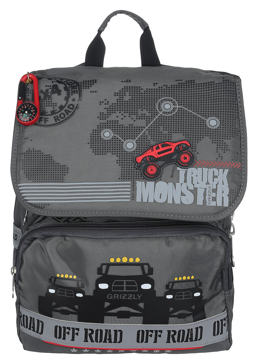 Grizzly Рюкзак детский Trusk MonsterRA-671-4/1 Grizzly Рюкзак детский Trusk MonsterRA-671-4/1Детский рюкзак Grizzly Trusk Monster подойдет всем, кто хочет разнообразить свои школьные будни. Рюкзак выполнен из прочного материала и оформлен оригинальным изображением и брелоком-компасом. Рюкзак содержит два вместительных отделения, закрывающихся на застежки-молнии и клапаном на липучках. На внутренней части клапана находится прозрачный пластиковый кармашек, в который можно поместить расписание занятий. Внутри первого отделения находятся карман с сеткой на молнии и три небольших открытых кармашка. Во втором отделении имеется карман-сетка на резинке и пришивной карман на молнии. Дно рюкзака можно сделать жестким, разложив специальную панель с картонной вставкой, что повышает сохранность содержимого рюкзака и способствует правильному распределению нагрузки. На лицевой стороне рюкзака расположены два накладных кармана на молнии. Бегунки на изделии дополнены удобными металлическими держателями с логотипом Grizzly. Плечевые лямки анатомической формы...