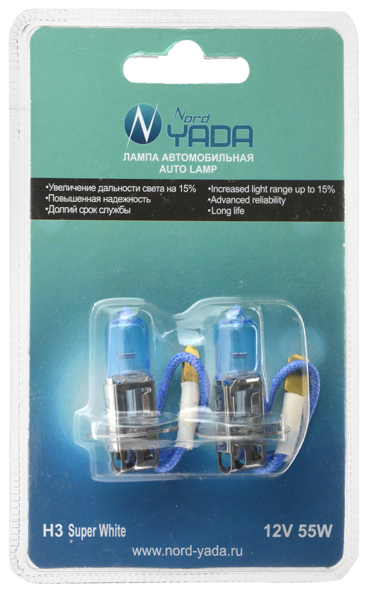 Лампа автомобильная галогенная Nord Yada Super White, цоколь H3, 12V, 55W, 2 шт. 902554902554 Лампа автомобильная галогенная Nord Yada Super White, цоколь H3, 12V, 55W, 2 шт. 902554902554Автомобильные галогенные лампы Nord Yada Super White - источники света, у которых светящим элементом является вольфрамовая спираль. У ламп есть большой запас срока службы. Способны выдержать большое количество включений и выключений. Питание: 12 В. Номинальная мощность: 55 Вт. В комплекте 2 лампы.