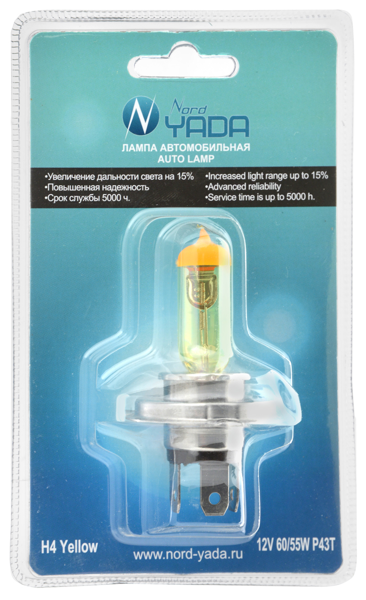Лампа автомобильная галогенная Nord Yada Yellow, цоколь H4 P43t, 12V, 60/55W902148 Лампа автомобильная галогенная Nord Yada Yellow, цоколь H4 P43t, 12V, 60/55W902148Галогенная лампа Nord Yada Yellow - источник света, у которого светящим элементом является вольфрамовая спираль. У лампы есть большой запас срока службы (до 5000 ч). Способна выдержать большое количество включений и выключений. Питание: 12 В. Номинальная мощность: 55/60 Вт.