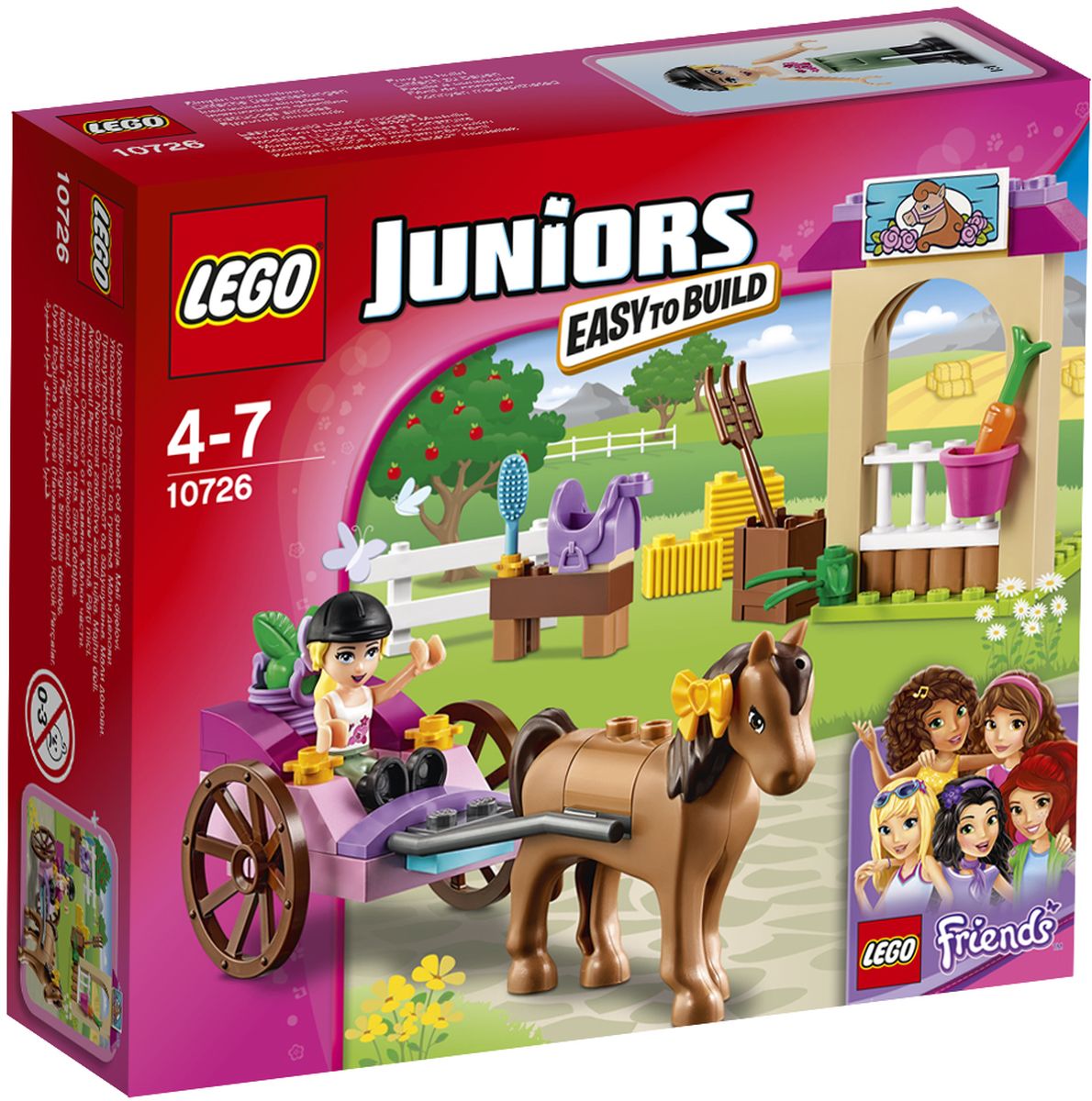 LEGO Juniors Конструктор Карета Стефани 1072610726 LEGO Juniors Конструктор Карета Стефани 1072610726Составьте Стефани из LEGO Friends и ее лошадке Шоколадке компанию в забавных путешествиях! Помогите Стефани запрячь свою любимицу в повозку, отправляйтесь в сад и соберите целую корзину яблок. Когда вернетесь, отведите Шоколадку в конюшню и покормите ее. Не забудьте хорошенько почистить ее щеткой, вплетите бант в гриву и сгребите рассыпанное сено. Потом оседлайте лошадку и отправляйтесь на увлекательную прогулку по Хартлейк-Сити вместе со своими друзьями! Набор включает в себя 58 разноцветных пластиковых элементов. Конструктор - это один из самых увлекательных и веселых способов времяпрепровождения. Ребенок сможет часами играть с конструктором, придумывая различные ситуации и истории.