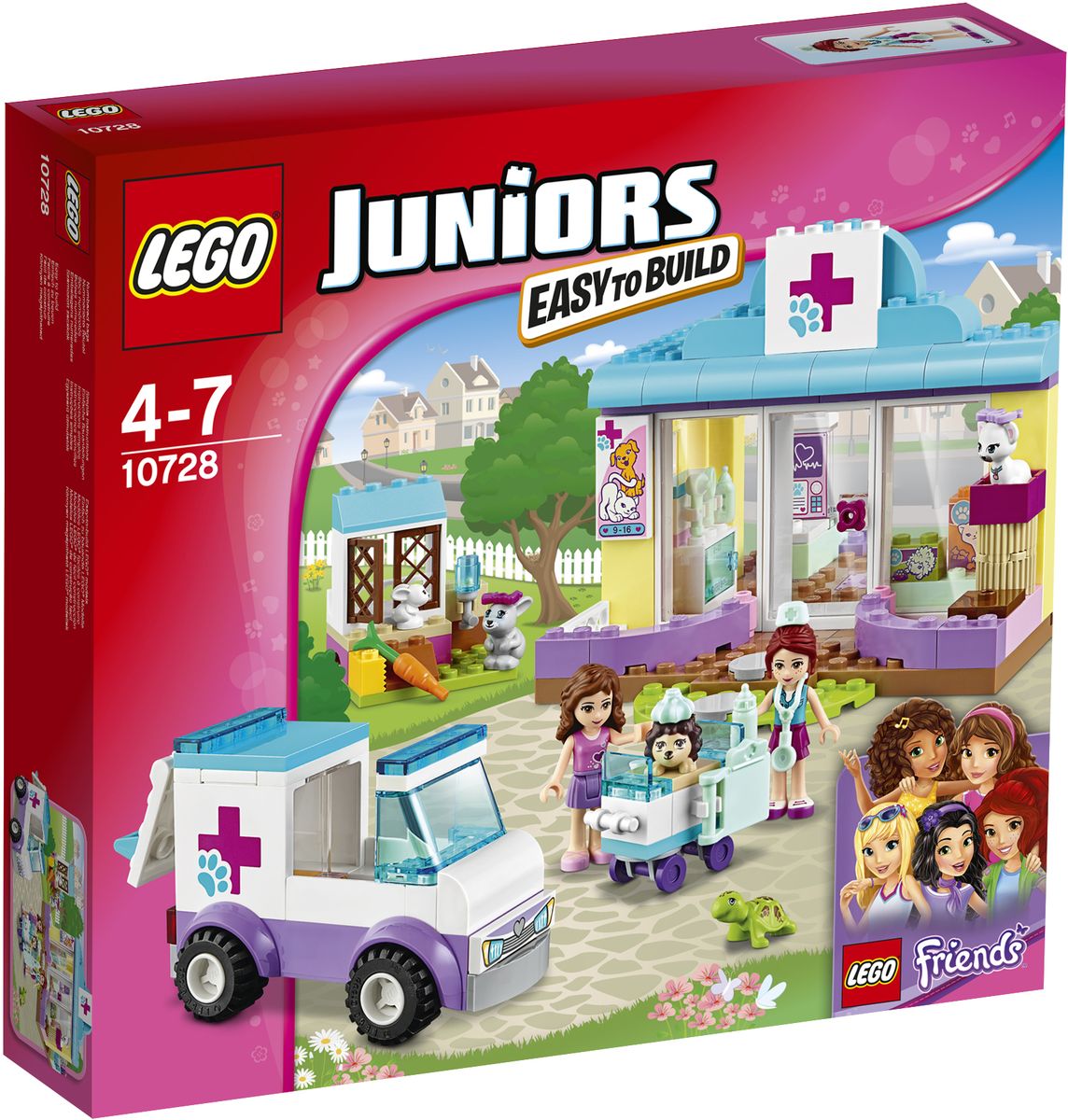 LEGO Juniors Конструктор Ветеринарная клиника Мии 1072810728 LEGO Juniors Конструктор Ветеринарная клиника Мии 1072810728Помогайте Оливии и Мии лечить заболевших животных в ветеринарной клинике LEGO Juniors! Вместе с Мией откройте клинику и приготовьтесь к дневному приему пациентов. Расскажите Оливии о животном, которое должна забрать машина скорой помощи, а, когда она подъедет, выйдите, чтобы ее встретить. Принесите животное в клинику, чтобы Мия могла начать его лечить. Помогите разместить животных, оставшихся в клинике до выздоровления. Набор включает в себя 173 разноцветных пластиковых элемента. Конструктор - это один из самых увлекательных и веселых способов времяпрепровождения. Ребенок сможет часами играть с конструктором, придумывая различные ситуации и истории.