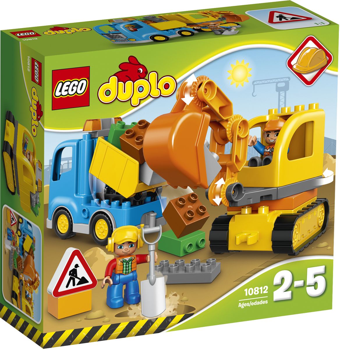 LEGO DUPLO Конструктор Грузовик и гусеничный экскаватор 1081210812 LEGO DUPLO Конструктор Грузовик и гусеничный экскаватор 1081210812Маленьким землекопам понравится играть с этими простыми в сборке строительными машинами. Передвигайте гусеничный экскаватор по неровной поверхности и копайте большим ковшом. Снимите ковш, чтобы сделать его короче, а затем используйте специальную функцию грузовика-самосвала и вывезите мусор на свалку! Кубики LEGO DUPLO разработаны с учетом требований к обеспечению безопасности детей. В набор входит 2 фигурки строительных рабочих. Конструктор LEGO DUPLO. Грузовик и гусеничный экскаватор включает в себя 28 разноцветных пластиковых элементов. Конструктор - это один из самых увлекательных и веселых способов времяпрепровождения. Ребенок сможет часами играть с конструктором, придумывая различные ситуации и истории.