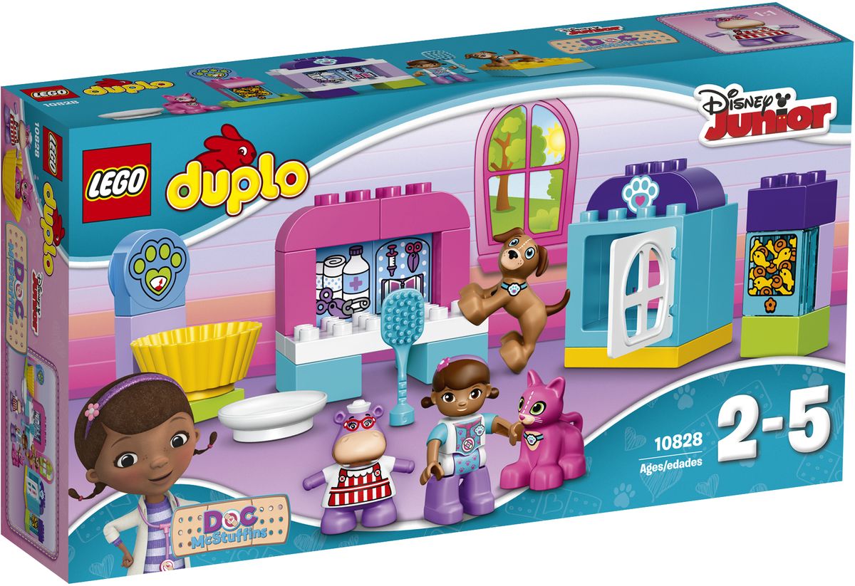 LEGO DUPLO Конструктор Ветеринарная клиника доктора Плюшевой 1082810828 LEGO DUPLO Конструктор Ветеринарная клиника доктора Плюшевой 1082810828Поклонники Доктора Плюшевой из Disney Junior с удовольствием помогут ей взвесить кота и провести медицинский осмотр. Потом нужно покормить Финдо и отправить его спать в питомник. С помощью этого интересного и простого в сборке набора покажите маленьким детям, как ухаживать за животными. В набор входят фигурки: Доктор Плюшева, Холли, собака Финдо и кот. Конструктор LEGO DUPLO. Ветеринарная клиника доктора Плюшевой включает в себя 30 разноцветных пластиковых элементов. Конструктор станет замечательным сюрпризом вашему ребенку, который будет способствовать развитию мелкой моторики рук, внимательности, усидчивости и мышления. Играя с конструктором, ребенок научится собирать детали по образцу, проводить время с пользой и удовольствием.