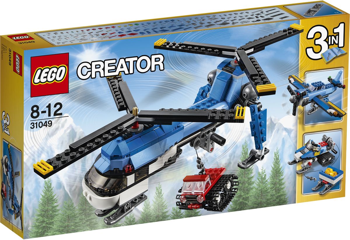 LEGO Creator Конструктор Двухвинтовой вертолет 3104931049 LEGO Creator Конструктор Двухвинтовой вертолет 3104931049Запускайте оба винта этого удивительного вертолета и взлетайте в небо. Опустите лебедку, прицепите гусеничный трактор-снегоход и перебросьте его в нужное место. Выполните идеальную посадку на лед и снег, используя лыжи вертолета! Двухвинтовой вертолет 3 в 1 отличается высокотехнологичным дизайном в голубой и белой цветовой гамме и может быть трансформирован в снегоход с функционирующей лебедкой или самолет с одним двигателем и крутящимся пропеллером. Конструктор LEGO Creator. Двухвинтовой вертолет включает в себя 326 разноцветных пластиковых элементов. Конструктор - это один из самых увлекательных и веселых способов времяпрепровождения. Ребенок сможет часами играть с конструктором, придумывая различные ситуации и истории.