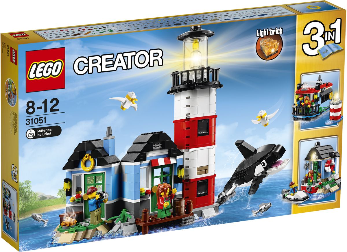 LEGO Creator Конструктор Маяк 3105131051 LEGO Creator Конструктор Маяк 3105131051Наслаждайтесь приключениями на морском берегу с этим удивительным конструктором LEGO Creator. Маяк. В нем имеются уютный маяк и коттедж смотрителя маяка с тщательно продуманным интерьером, включающим в себя стол, стул, лампу и картины. Поднимитесь на галерею, расположенную на высоте птичьего полета, и включите сигнальный огонь маяка, чтобы вести проходящие суда. Затем попейте чаю в коттедже смотрителя маяка, где из окна можно увидеть плывущую мимо дружелюбную касатку, а затем проведите приятный вечер, сидя у открытого огня и слушая, как волны плещутся о берег. Набор можно перестроить в домик на воде и в домик с пирсом и катером. Комплект содержит 528 разноцветных пластиковых элементов. Конструктор станет замечательным сюрпризом вашему ребенку, который будет способствовать развитию мелкой моторики рук, внимательности, усидчивости и мышления. Играя с конструктором, ребенок научится собирать детали по образцу, проводить время с пользой и...