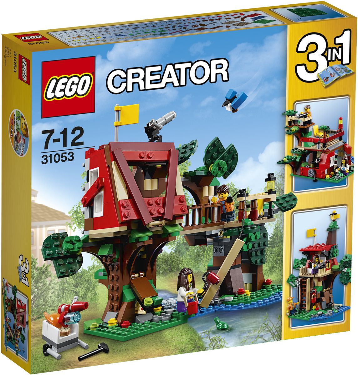 LEGO Creator Конструктор Домик на дереве 3105331053 LEGO Creator Конструктор Домик на дереве 3105331053Наслаждайтесь захватывающими приключениями с этим красочным конструктором LEGO Creator. Домик на дереве. Помогите детям построить домик на дереве. Опустите шкив, чтобы сразу поднять доски, возьмите молоток и гвозди, чтобы сбить их вместе, и валик с краской, чтобы добавить последние штрихи. Когда закончите строительство, положите инструменты в потайной шкаф и поднимите флаг в домике на дереве! Используйте водяной пистолет, чтобы отогнать захватчиков. Наблюдайте за крошечной голубой сойкой и лягушкой, живущих по соседству. Перестройте домик в классный клубный домик или удивительный форт. Набор включает в себя 387 разноцветных пластиковых элементов. Конструктор станет замечательным сюрпризом вашему ребенку, который будет способствовать развитию мелкой моторики рук, внимательности, усидчивости и мышления. Играя с конструктором, ребенок научится собирать детали по образцу, проводить время с пользой и удовольствием.