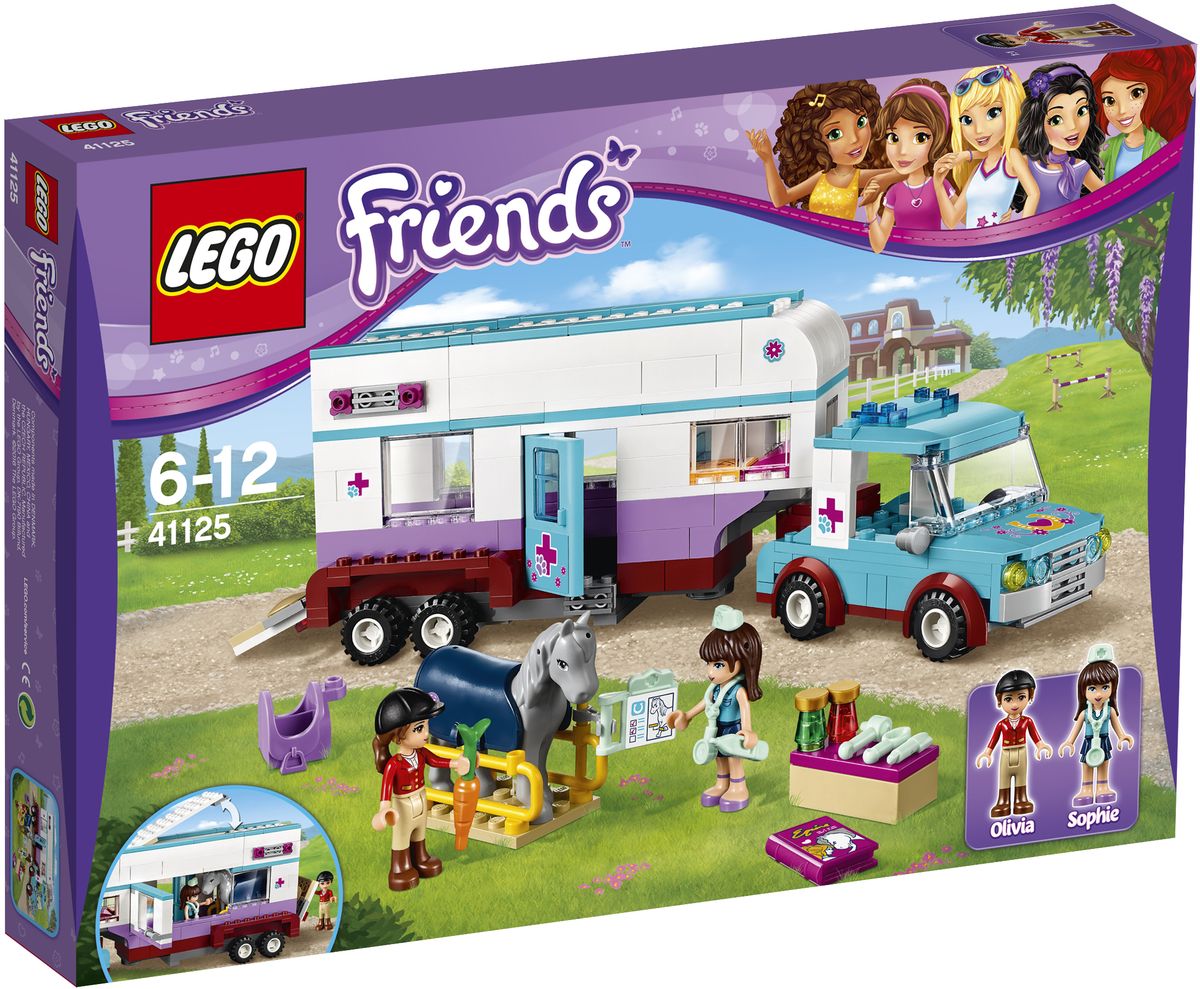 LEGO Friends Конструктор Ветеринарная машина для лошадок 4112541125 LEGO Friends Конструктор Ветеринарная машина для лошадок 4112541125Приезжайте вместе с тетей Софи на все мероприятия в Хартлейк-Сити, связанные с лошадьми, на специальном трейлере для ветеринарной помощи лошадям. Вылечите пострадавших пони прямо сейчас! Серый в яблоках конь Оливии ушибся. Помогите ветеринару осмотреть его и переместить в прицеп на специальных лошадиных носилках. Затем накройте его одеялом и прыгайте в машину, чтобы буксировать прицеп. Набор включает в себя 370 разноцветных пластиковых элементов. Конструктор - это один из самых увлекательных и веселых способов времяпрепровождения. Ребенок сможет часами играть с конструктором, придумывая различные ситуации и истории.