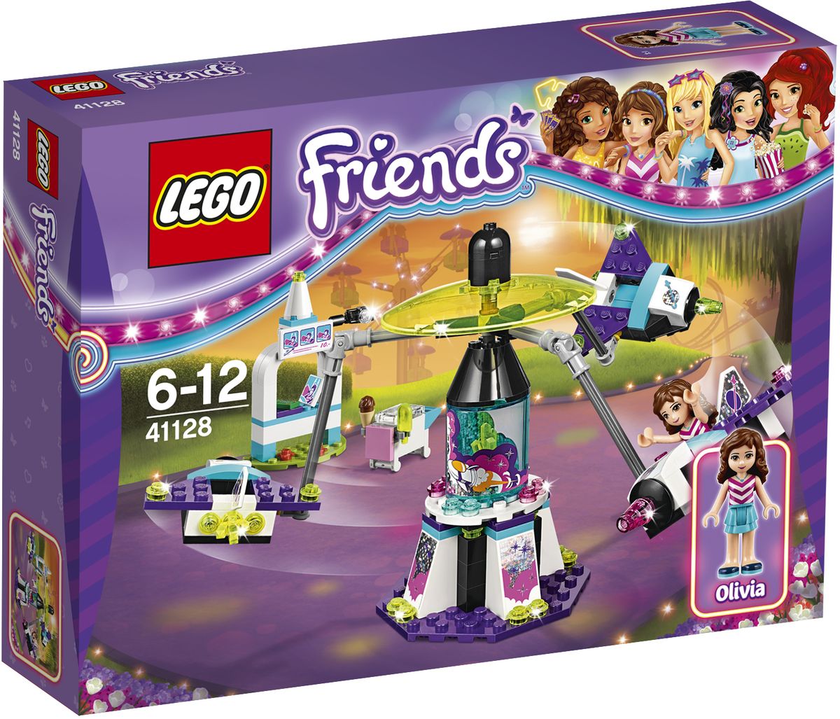 LEGO Friends Конструктор Парк развлечений Космическое путешествие 4112841128 LEGO Friends Конструктор Парк развлечений Космическое путешествие 4112841128Оливия заняла свое место в ракете - теперь все готово для захватывающей поездки. Сначала поворачивайте ракету медленно, а когда она разгонится - все быстрее и быстрее. Смотрите, как ракета поднимается вверх, пока она вращается с огромной скоростью... И улыбнись в камеру! Помогите Оливии найти свою фотографию в фотоавтомате - она хочет купить ее после поездки. Пока ждете своей очереди, можно съесть мороженое! Набор включает в себя 195 разноцветных пластиковых элементов. Конструктор - это один из самых увлекательных и веселых способов времяпрепровождения. Ребенок сможет часами играть с конструктором, придумывая различные ситуации и истории.