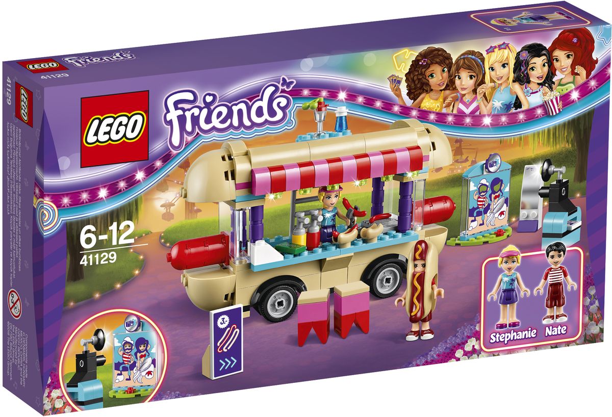 LEGO Friends Конструктор Парк развлечений Фургон с хот-догами 4112941129 LEGO Friends Конструктор Парк развлечений Фургон с хот-догами 4112941129На крыше фургона с хот-догами Стефани находится уютный уголок, откуда открывается лучший вид на парк развлечений! Оденьте Нейта в рекламный костюм гигантского хот-дога, разогрейте сосиски на гриле и положите их в булочки, чтобы накормить голодных клиентов. Веселитесь на ярмарке и фотографируйте Стефани возле ярмарочных стендов для фотографирования. Еще здесь можно сходить в невероятную комнату кривых зеркал, чтобы посмеяться от души! Набор включает в себя 243 разноцветных пластиковых элемента. Конструктор - это один из самых увлекательных и веселых способов времяпрепровождения. Ребенок сможет часами играть с конструктором, придумывая различные ситуации и истории.