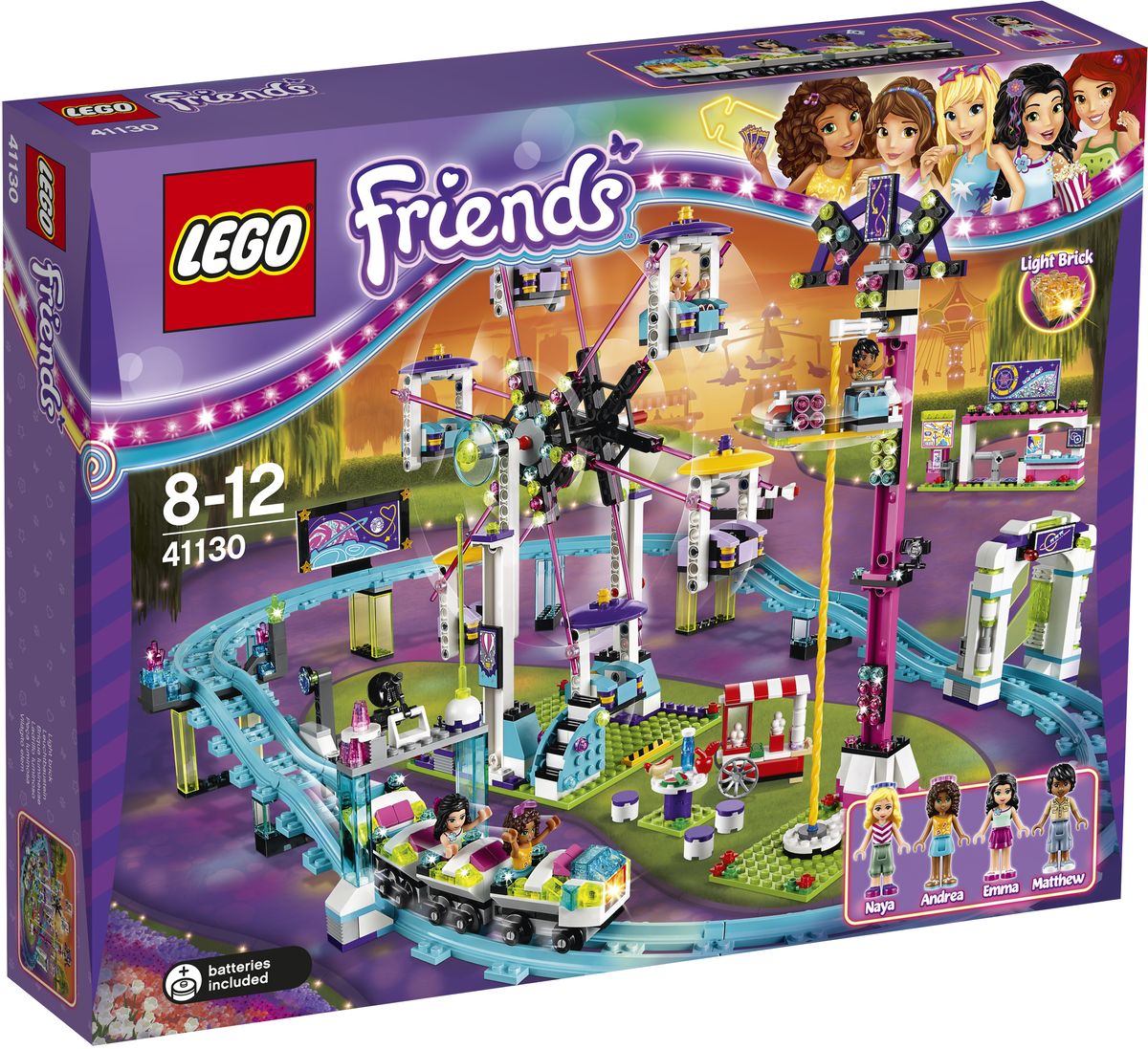 LEGO Friends Конструктор Парк развлечений Американские горки 4113041130 LEGO Friends Конструктор Парк развлечений Американские горки 4113041130Пройдите через турникеты в парке развлечений и встаньте в очередь на американские горки. Садитесь на переднее сиденье, чтобы включить светящийся кубик, и вперед! Затем медленно прокатитесь на колесе обозрения или отправляйтесь на аттракцион Свободное падение, опустите защитную дугу и, вращаясь, спускайтесь на землю. А затем вместе с друзьями можно купить фотографии и перекусить. Вы не захотите, чтобы день в парке развлечений заканчивался! Набор включает в себя 1124 разноцветных пластиковых элемента. Конструктор - это один из самых увлекательных и веселых способов времяпрепровождения. Ребенок сможет часами играть с конструктором, придумывая различные ситуации и истории. Рекомендуется докупить 2 батарейки напряжением 1,5V типа LR41 (товар комплектуется демонстрационными).