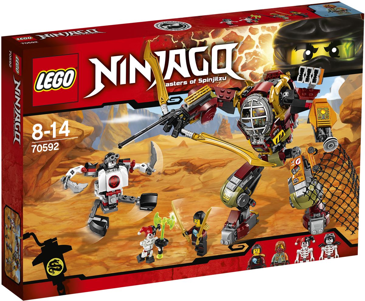 LEGO NINJAGO Конструктор Робот-спасатель 7059270592 LEGO NINJAGO Конструктор Робот-спасатель 7059270592Поместите Ронана в открытую кабину его робота и готовьтесь к бою. Это непревзойденная машина-охотник с мощным оружием и специальным отсеком для хранения украденных вещей. Стреляйте из пружинного шутера золотого лука и уворачивайтесь от атак робота Самукая, атакующего серебряными лезвиями, заряженными темной магией. Стреляйте сетью из шутера, чтобы поймать воинов Самукая, а затем отсоедините скейтборд или флаер, чтобы сбежать с добычей! Конструктор LEGO NINJAGO. Робот-спасатель включает в себя 439 разноцветных пластиковых элементов. Конструктор станет замечательным сюрпризом вашему ребенку, который будет способствовать развитию мелкой моторики рук, внимательности, усидчивости и мышления. Играя с конструктором, ребенок научится собирать детали по образцу, проводить время с пользой и удовольствием.