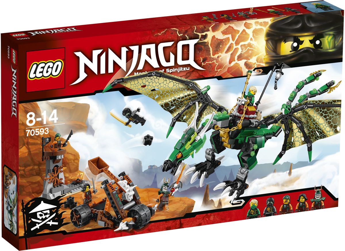 LEGO NINJAGO Конструктор Зеленый Дракон 7059370593 LEGO NINJAGO Конструктор Зеленый Дракон 7059370593Поместите Зеленого ниндзя Ллойда в седло, хватайте поводья-цепи и взлетайте в воздух. Расправьте огромные крылья Зеленого дракона, чтобы взлететь ввысь, и атакуйте смотровую башню небесных пиратов, используя его ужасную пасть и грозные когти. Уклоняйтесь от выстрелов из мобильной катапульты пиратов и отстреливайтесь из шипованных шутеров на хвосте дракона. Объединитесь с Призрачным Коулом для победы над Дублоном и членами его экипажа и верните Клинок джиннов! Конструктор LEGO NINJAGO. Зеленый Дракон включает в себя 567 разноцветных пластиковых элементов. Конструктор - это один из самых увлекательных и веселых способов времяпрепровождения. Ребенок сможет часами играть с конструктором, придумывая различные ситуации и истории.