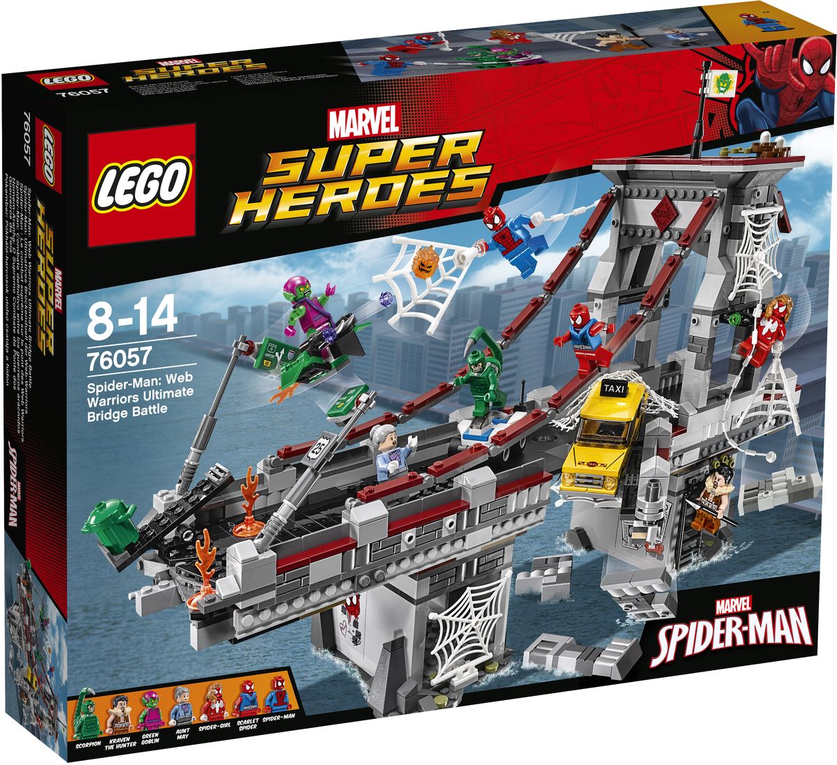 LEGO Super Heroes Конструктор Человек-паук Последний бой воинов паутины 7605776057 LEGO Super Heroes Конструктор Человек-паук Последний бой воинов паутины 7605776057Мост атакован! Объедините Человека-паука, девушку-паука и алого паука, чтобы победить Зеленого Гоблина. Но остерегайтесь Крэйвена-охотника, выползающего из своего тайного логова, и следите за ядовитым хвостом Скорпиона. Спасите такси, используя паутину прежде, чем проезжая часть погрузится в воду, и защитите тетю Мэй от пылающей тыквенной бомбы Зеленого Гоблина, а затем посадите всех злодеев в паутинную тюрьму! Набор включает в себя 1092 разноцветных пластиковых элемента. Конструктор - это один из самых увлекательных и веселых способов времяпрепровождения. Ребенок сможет часами играть с конструктором, придумывая различные ситуации и истории.