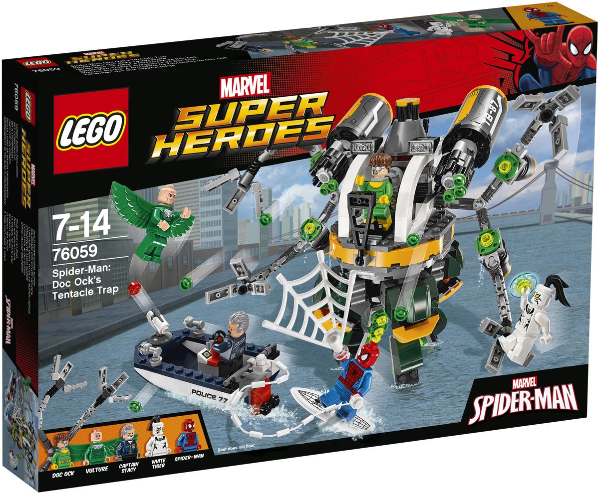 LEGO Super Heroes Конструктор Человек-паук В ловушке Доктора Осьминога 7605976059 LEGO Super Heroes Конструктор Человек-паук В ловушке Доктора Осьминога 7605976059Доктор Осьминог захватил Белого тигра в плен и пробирается под водой к своему вооруженному до зубов Октоботу! Возьмите катер капитана Стейси и вместе с Человеком-пауком на паутинной доске для серфинга летите вперед! Следите за Грифом, пикирующим сверху, парируйте его атаки и произведите фурор в городе, организовав героическое спасение. Набор включает в себя 446 разноцветных пластиковых элементов. Конструктор - это один из самых увлекательных и веселых способов времяпрепровождения. Ребенок сможет часами играть с конструктором, придумывая различные ситуации и истории.