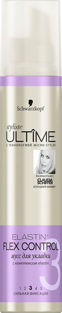 Styliste Ultime Мусс для укладки Flex Control, 200 мл2012358 Styliste Ultime Мусс для укладки Flex Control, 200 мл2012358Styliste ULTIME с эксклюзивной технологией micro-styler – это роскошные средства для укладки, обеспечивающие безупречную фиксацию и исключительно стойкие эффекты для неординарных решений, достойных вашего стиля! Создайте неотразимый образ с помощью styliste ULTIME. Откройте для себя секрет красоты от Клаудии Шиффер. - Формула c комплексом elastin для сохранения естественной подвижности волос на 100 %, без компромиссов в фиксации - Помогает защитить волосы от пересушивания во время укладки феном - Обеспечивает эластичный результат без склеивания