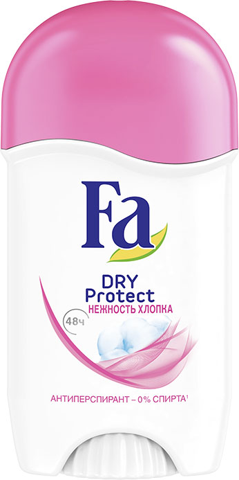 Fa Дезодорант-Стик Dry Protect Нежность Хлопка, 50 мл2028845 Fa Дезодорант-Стик Dry Protect Нежность Хлопка, 50 мл2028845Откройте для себя новый антиперспирант от Fa с технологией микро-абсорбирования, который дарит моментальное ощущение сухости и длительную защиту против пота до 48 часов. Деликатный свежий пудровый аромат напоминает о нежности хлопка. Моментальное ощущение сухости Длительная защита против пота до 48 часов Деликатный свежий пудровый аромат Бережное воздействие на кожу протестировано дерматологами