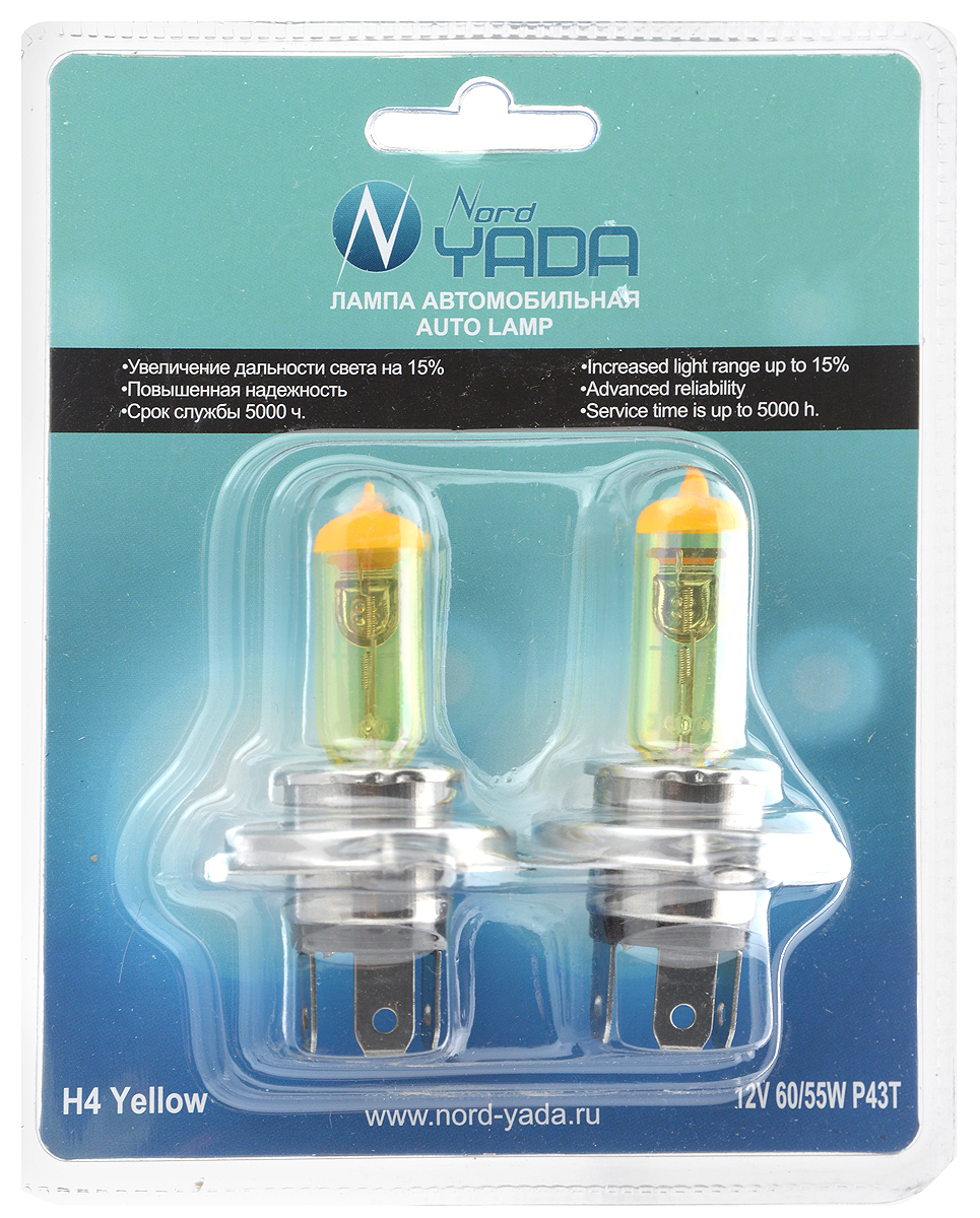 Лампа автомобильная галогенная Nord Yada Yellow, цоколь H4 P43t, 12V, 60/55W, 2 шт902149 Лампа автомобильная галогенная Nord Yada Yellow, цоколь H4 P43t, 12V, 60/55W, 2 шт902149Автомобильные галогенные лампы Nord Yada Yellow - источники света, у которых светящим элементом является вольфрамовая спираль. У ламп есть большой запас срока службы (до 5000 ч). Способны выдержать большое количество включений и выключений. Питание: 12 В. Номинальная мощность: 55/60 Вт. В комплекте 2 лампы.