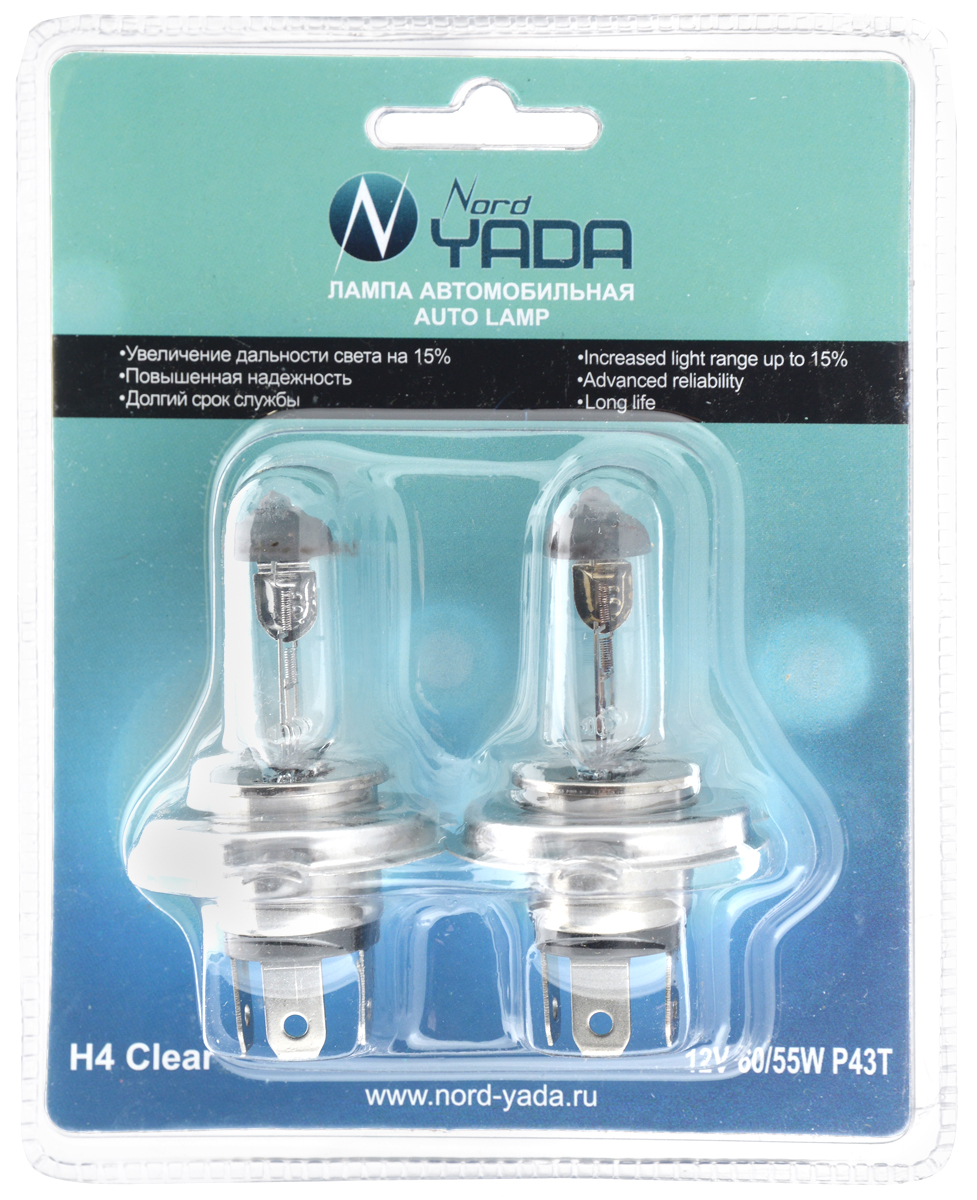 Лампа автомобильная галогенная Nord Yada Clear, цоколь H4 P43t, 12V, 60/55W, 2 шт902231 Лампа автомобильная галогенная Nord Yada Clear, цоколь H4 P43t, 12V, 60/55W, 2 шт902231Автомобильные галогенные лампы Nord Yada Clear - источники света, у которых светящим элементом является вольфрамовая спираль. У ламп есть большой запас срока службы. Способны выдержать большое количество включений и выключений. Питание: 12 В. Номинальная мощность: 55/60 Вт. В комплекте 2 ламп