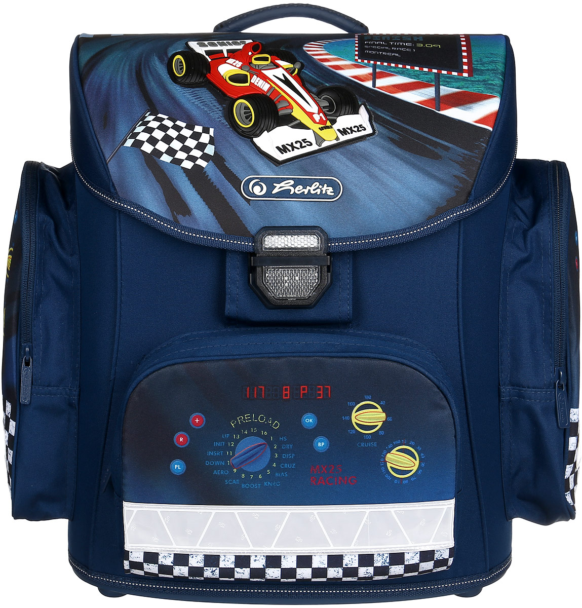 Herlitz Ранец школьный Champion11407871 Herlitz Ранец школьный Champion11407871Школьный ранец Herlitz Champion выполнен из высококачественных материалов и устойчив к влаге и загрязнениям. Ранец имеет одно основное отделение, закрывающееся клапаном на удобный защелкивающийся замок со встроенным светоотражателем, который легко открывать и закрывать. Клапан полностью откидывается, что существенно облегчает пользование ранцем. На внутренней части клапана находится прозрачный пластиковый кармашек, в который можно поместить расписание уроков. Внутри главного отделения расположена мягкая перегородка для тетрадей или учебников. На лицевой стороне ранца расположен накладной карман на застежке-молнии, в который будет удобно убрать пенал. По бокам ранца размещены два накладных кармана на молнии, в которые поместятся бутылки с водой, коробочки со школьными завтраками и прочие важные для школьника вещи. Эргономичная спинка из вентилируемого материала гарантирует оптимальное распределение нагрузки на спину ребенка и высокий комфорт при носке изделия. В нижней части...